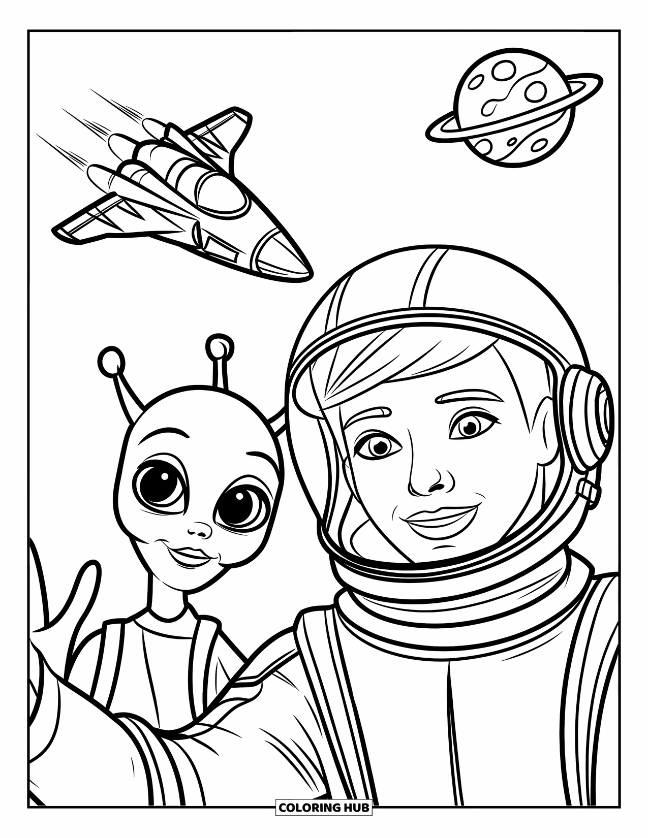 Ruimte Kleurplaat voor Kinderen: Een ruimteverkenner maakt een selfie met een vriendelijke alien