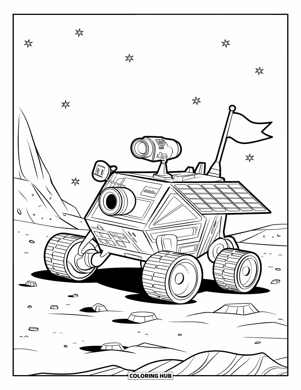 Ruimte Kleurplaat voor Kinderen: Een ruimterover rolt over een rotsachtig buitenaards landschap onder een sterrenhemel