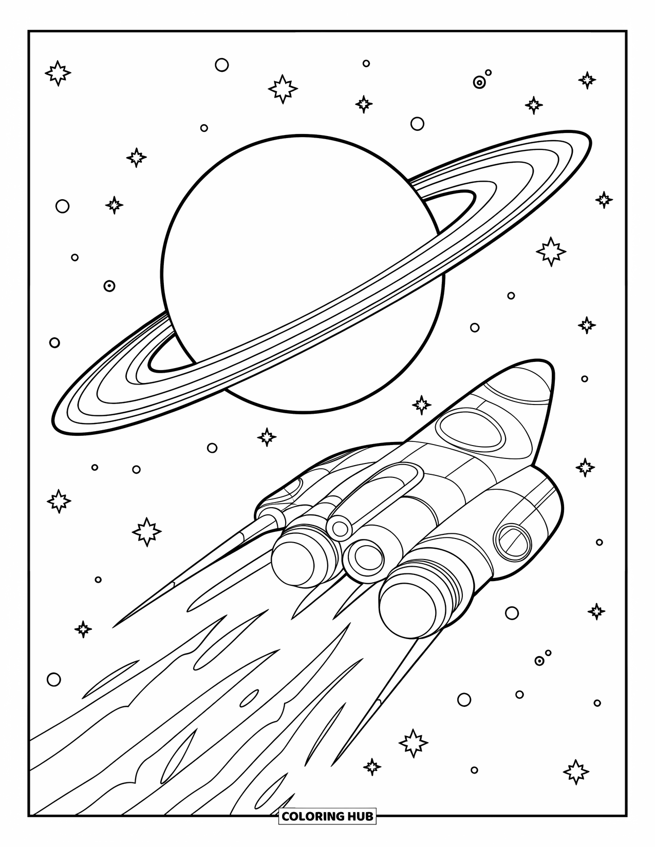 Ruimte Kleurplaat voor Kinderen: Een ruimteschip zoomt langs een enorme geringde planeet in de diepe ruimte