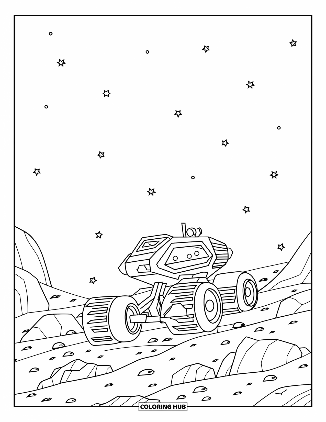 Ruimte Kleurplaat voor Kinderen: Een stevige ruimterover met grote wielen reist over een rotsachtige planeet