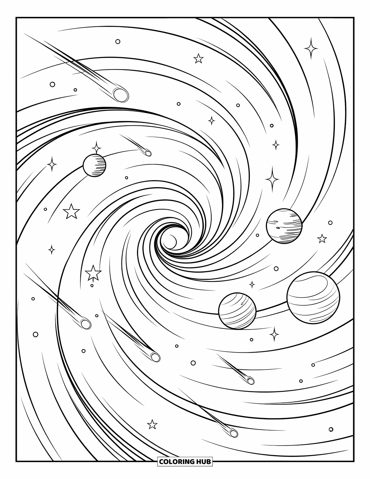 Ruimte Kleurplaat voor Kinderen: Een wervelend sterrenstelsel gevuld met planeten en strepen van vallende sterren