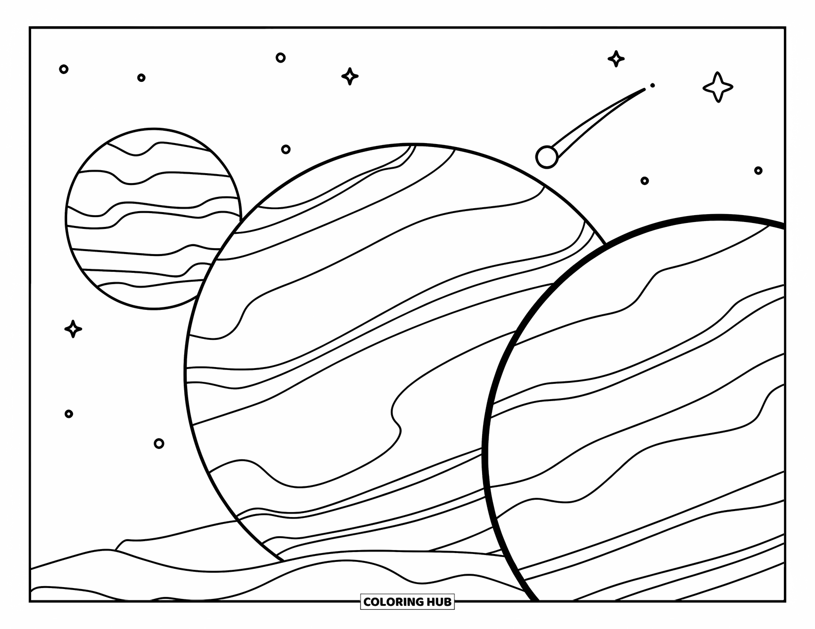 Ruimte Kleurplaat voor Kinderen: Een trio van gedetailleerde planeten drijft in de ruimte met een heldere vallende ster