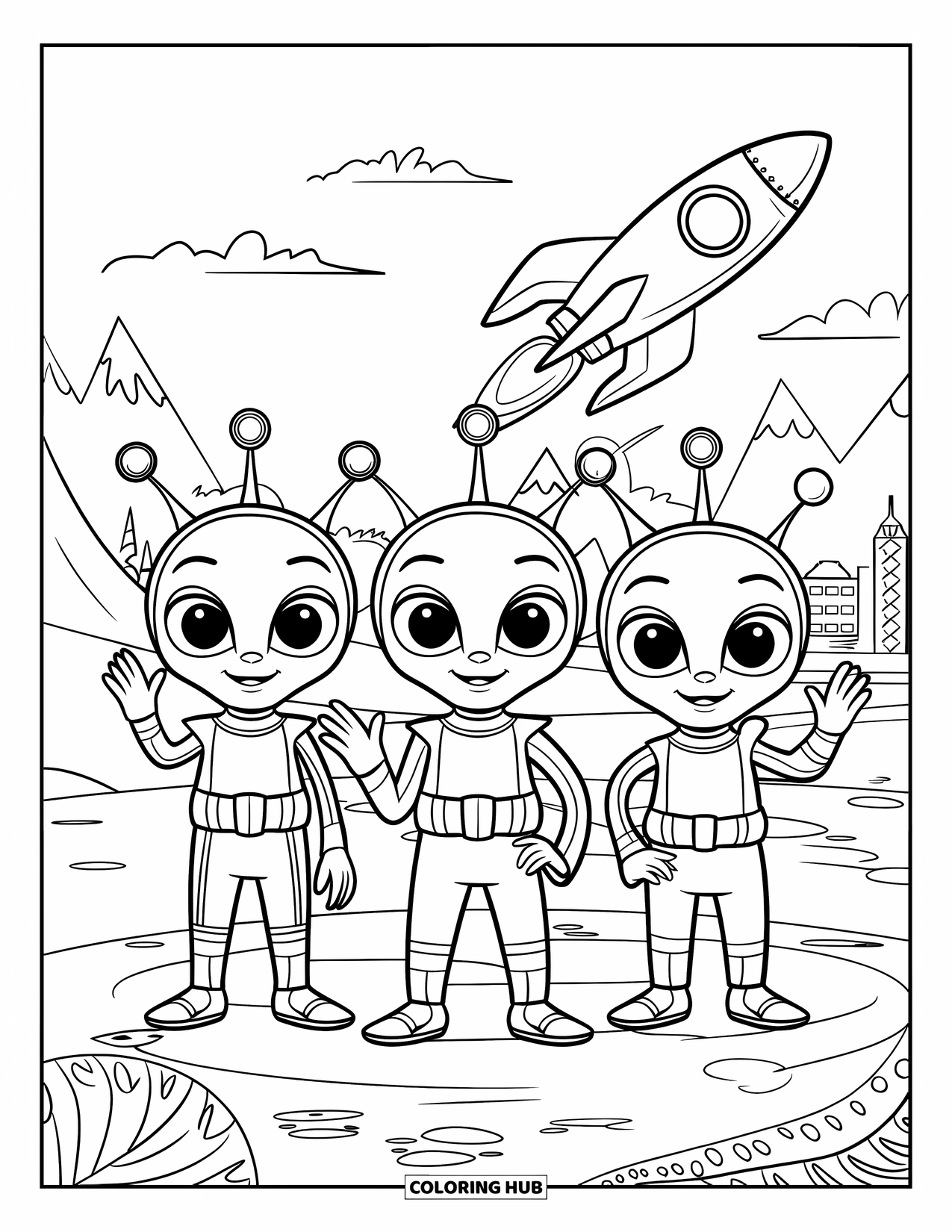Ruimte Kleurplaat voor Kinderen: Een trio van vrolijke aliens begroet een ruimteschip dat landt op hun wereld