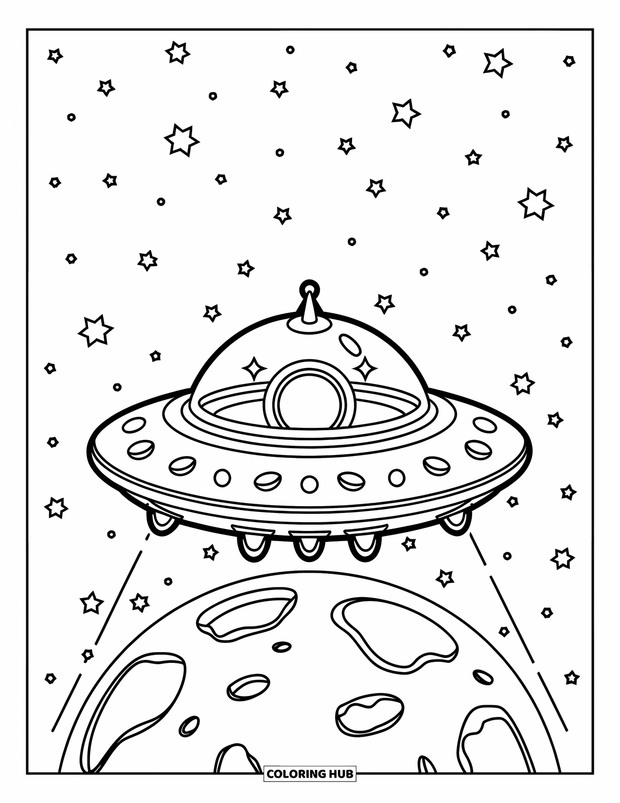 Ruimte Kleurplaat voor Kinderen: Een UFO zweeft boven een bekraterde planeet onder een sterrenhemel