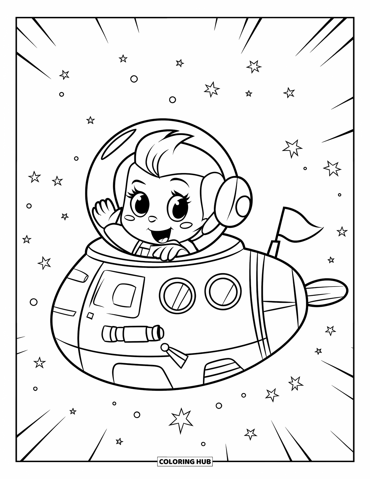 Ruimte Kleurplaat voor Kinderen: Een zwaaiende astronaut zit in een ruimteschip met knoppen en een vlag