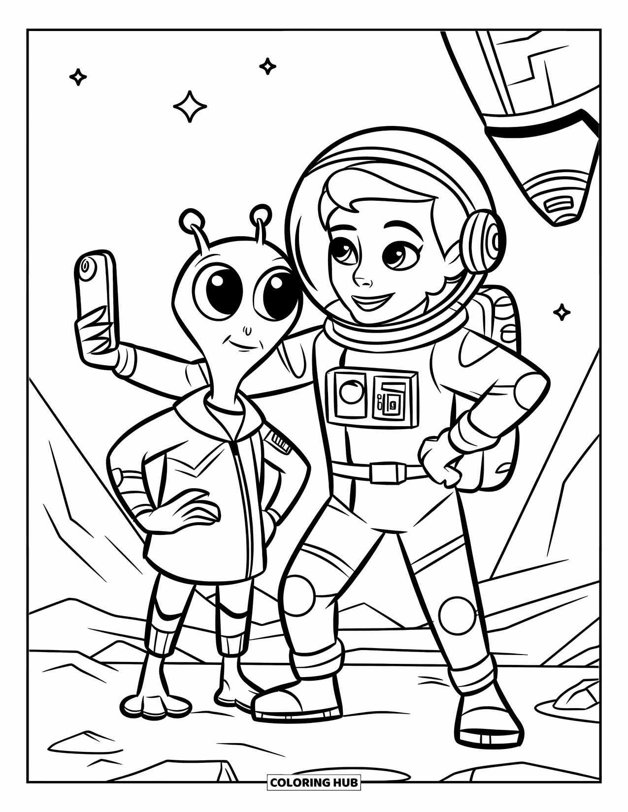 Ruimte Kleurplaat voor Kinderen: Een astronaut en een alien met grote ogen poseren voor een leuke selfie in de ruimte