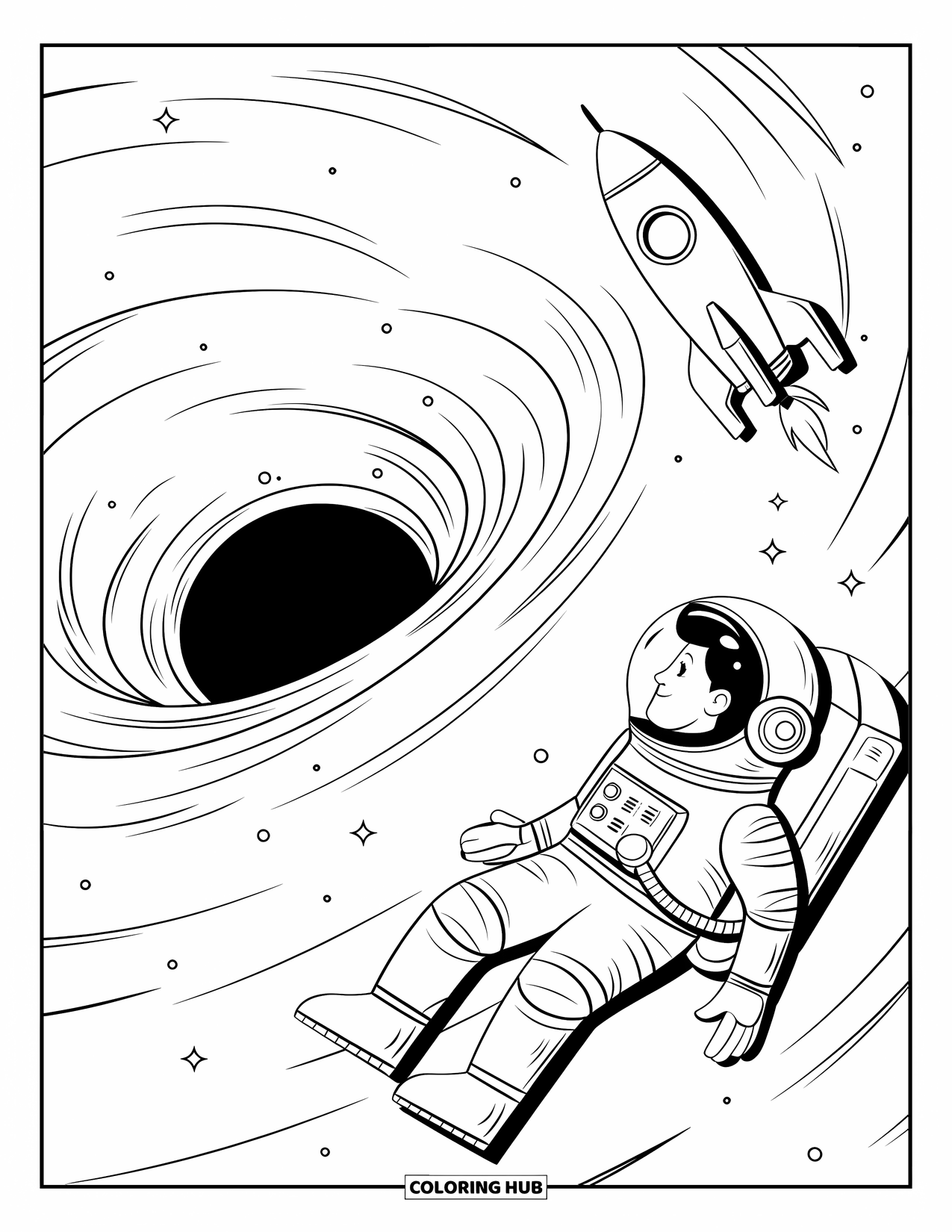 Ruimte Kleurplaat voor Kinderen: Een astronaut drijft hulpeloos in de buurt van de krachtige aantrekkingskracht van een zwart gat