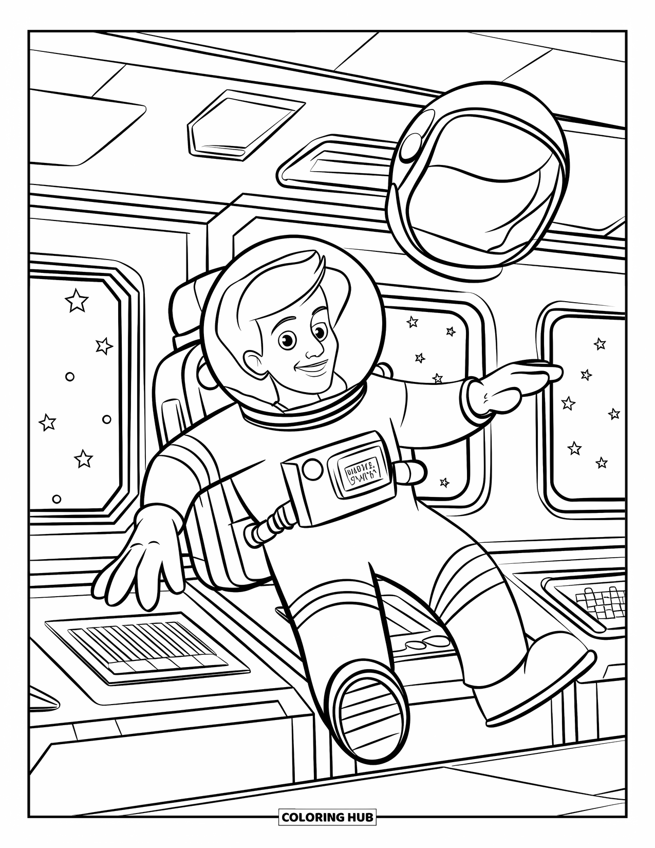 Ruimte Kleurplaat voor Kinderen: Een astronaut zweeft gewichtloos en probeert zijn wegdrijvende helm te vangen