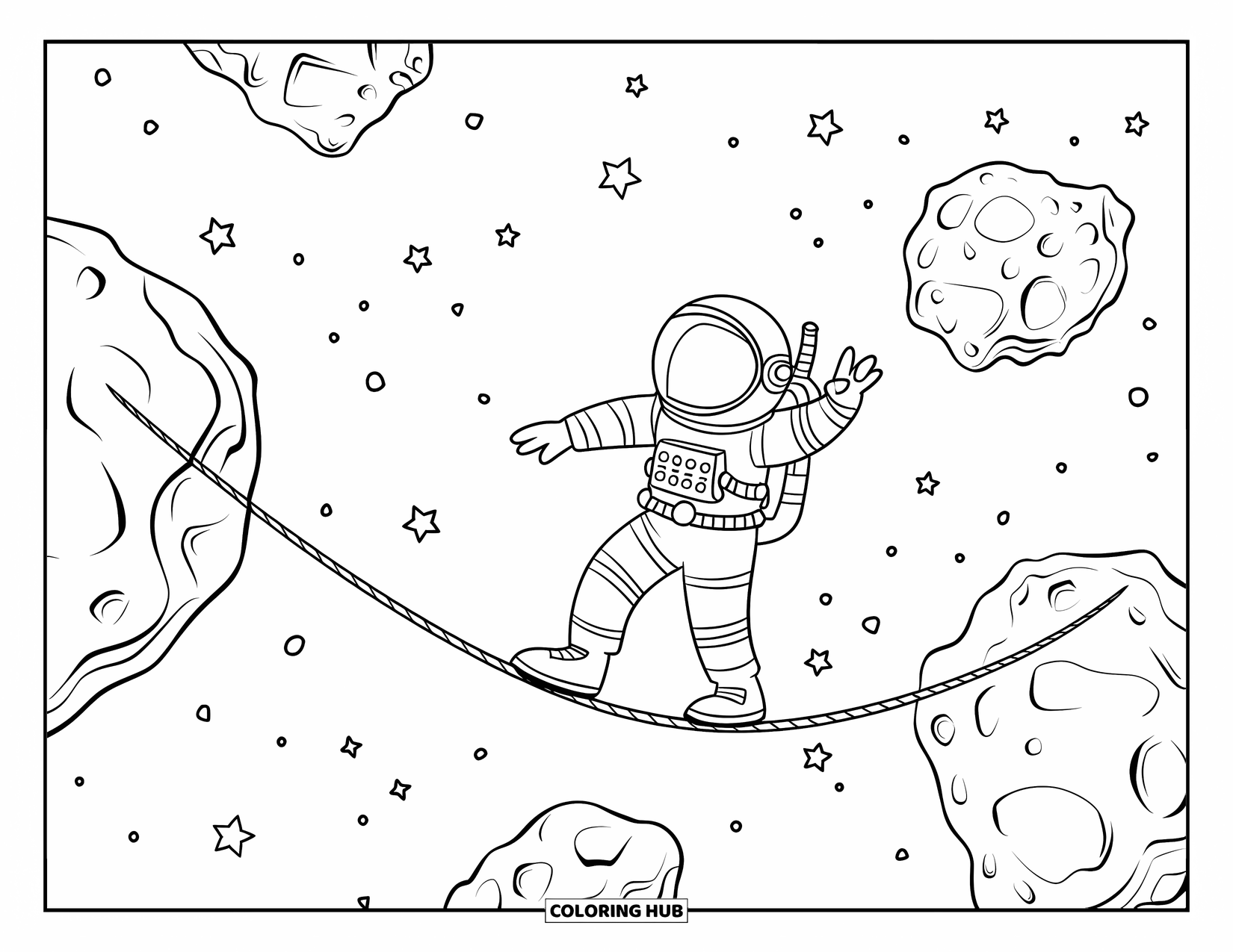Ruimte Kleurplaat voor Kinderen: Een astronaut loopt koord tussen twee asteroïden in de diepe ruimte