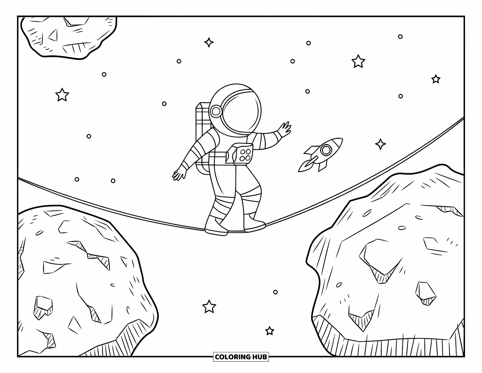 Ruimte Kleurplaat voor Kinderen: Een astronaut loopt een ruimtetouw tussen twee zwevende asteroïden