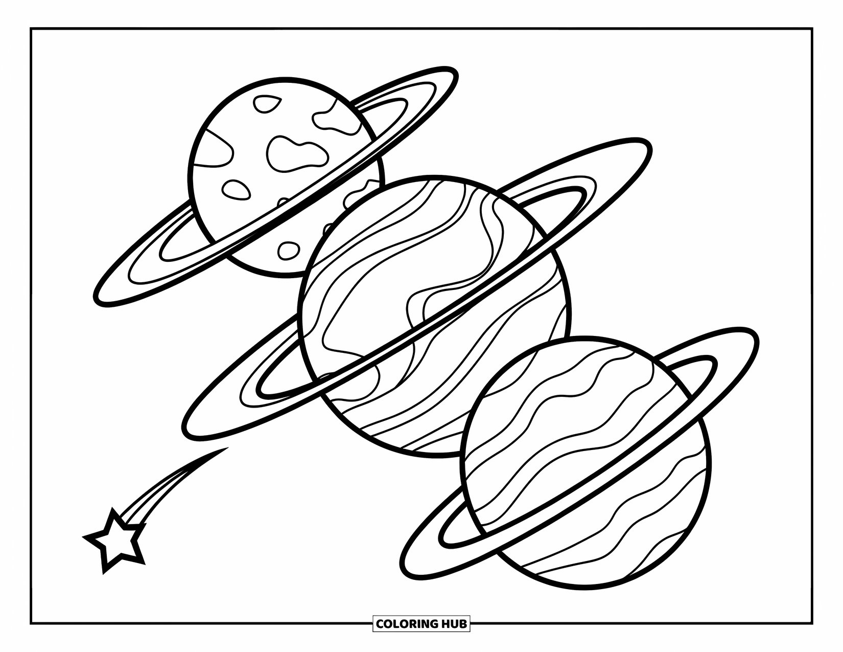 Ruimte Kleurplaat voor Kinderen: Drie grote planeten en een kleine vallende ster zweven in de diepe ruimte