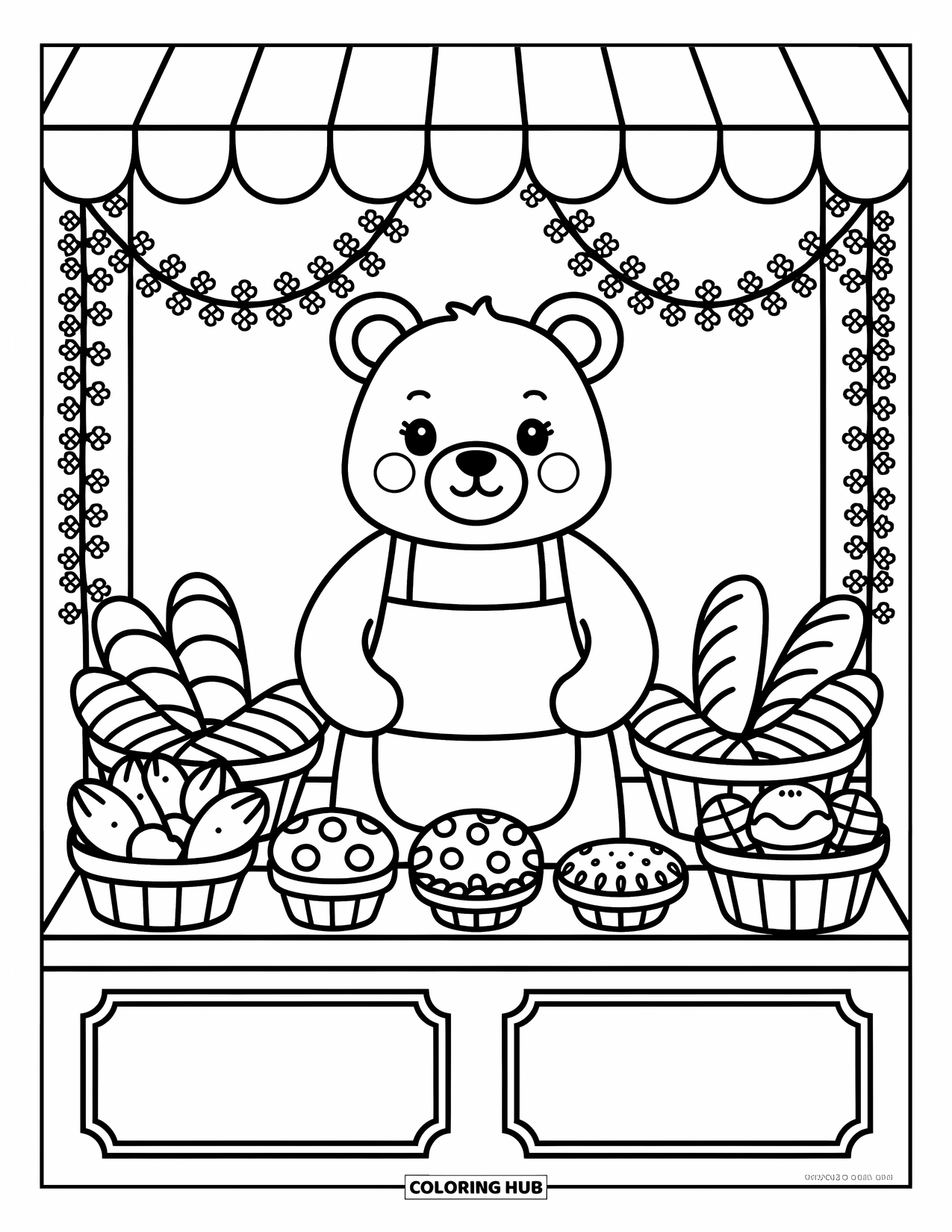 Lente Kleurplaat voor Volwassenen: Een beer met een schort verzorgt een bakkerijkraam vol warm brood en gebak