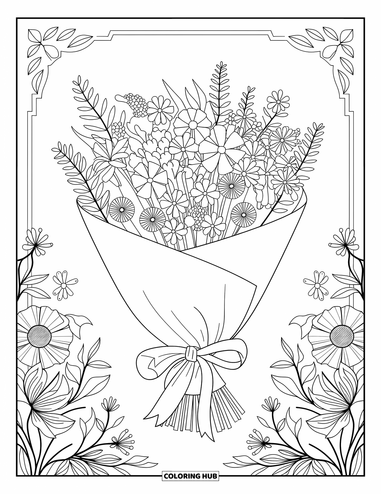 Lente Kleurplaat voor Volwassenen: Een prachtig gedetailleerd boeket lentebloemen vastgebonden met een lint en omringd door zachte patronen