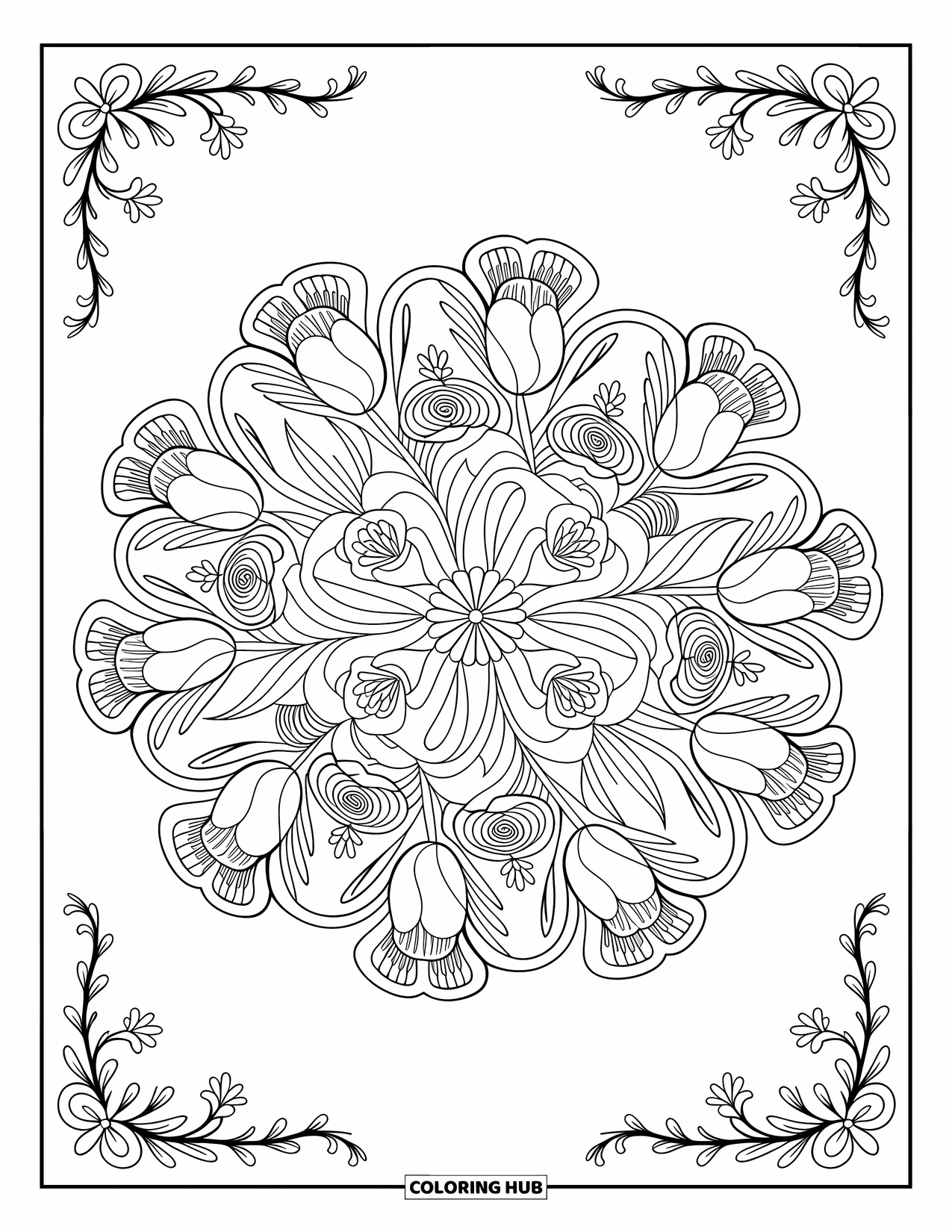 Lente Kleurplaat voor Volwassenen: Een prachtig gedetailleerde bloemenmandala met wervelende wijnranken, rozen, tulpen en narcissen