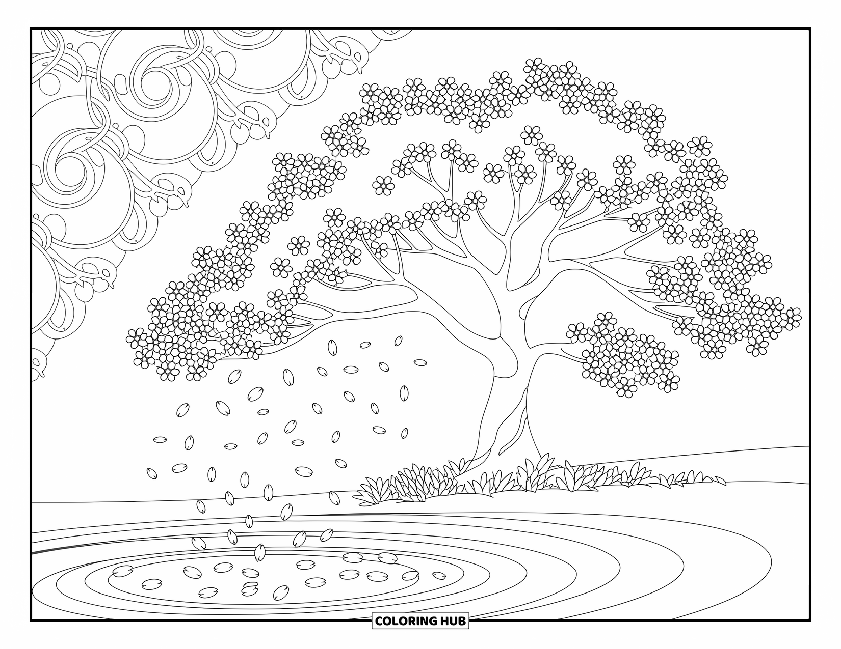 Lente Kleurplaat voor Volwassenen: Een bloeiende kersenbloesemboom met delicate bloemblaadjes die op het wateroppervlak drijven