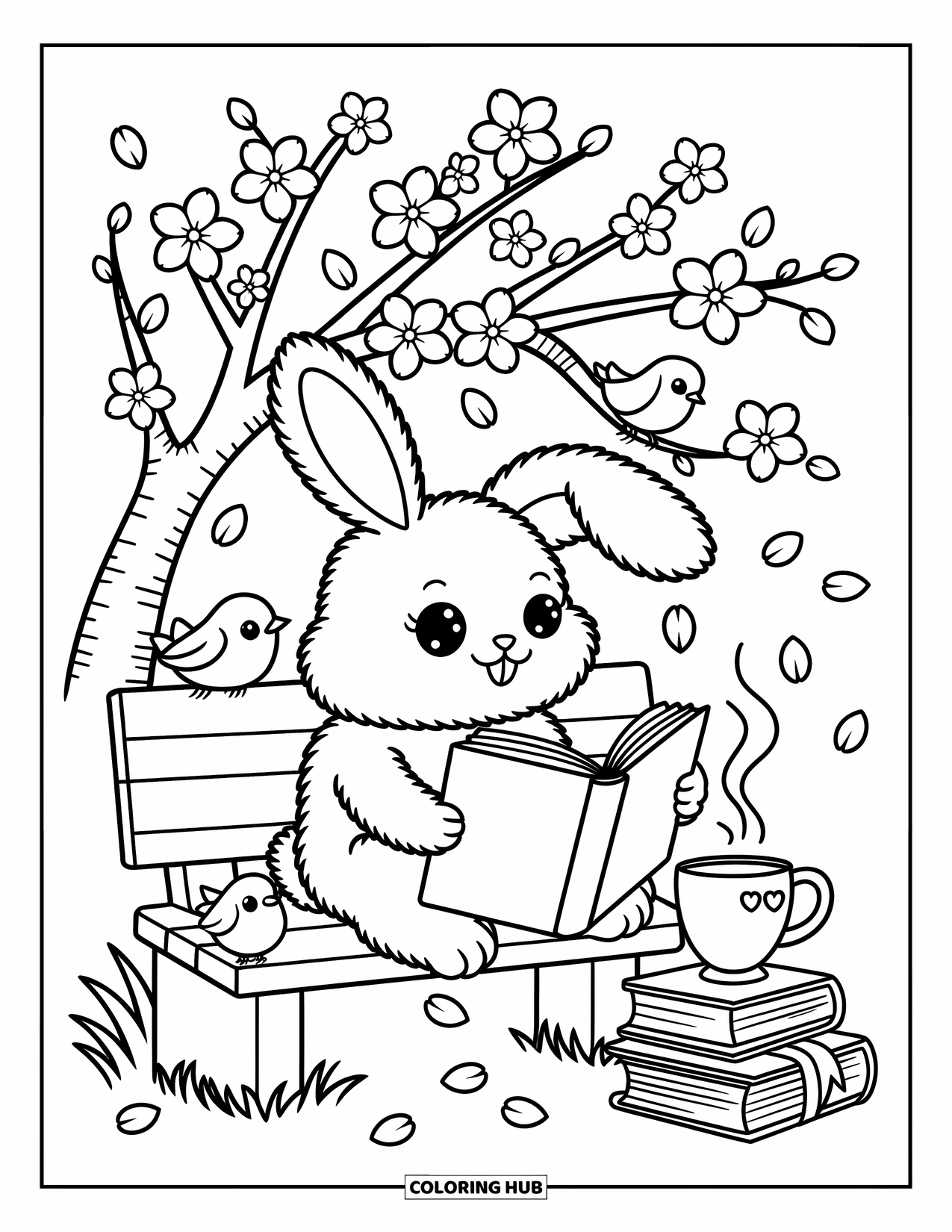 Lente Kleurplaat voor Volwassenen: Een konijntje geniet van een boek op een houten bank, omringd door zachte kersenbloesems