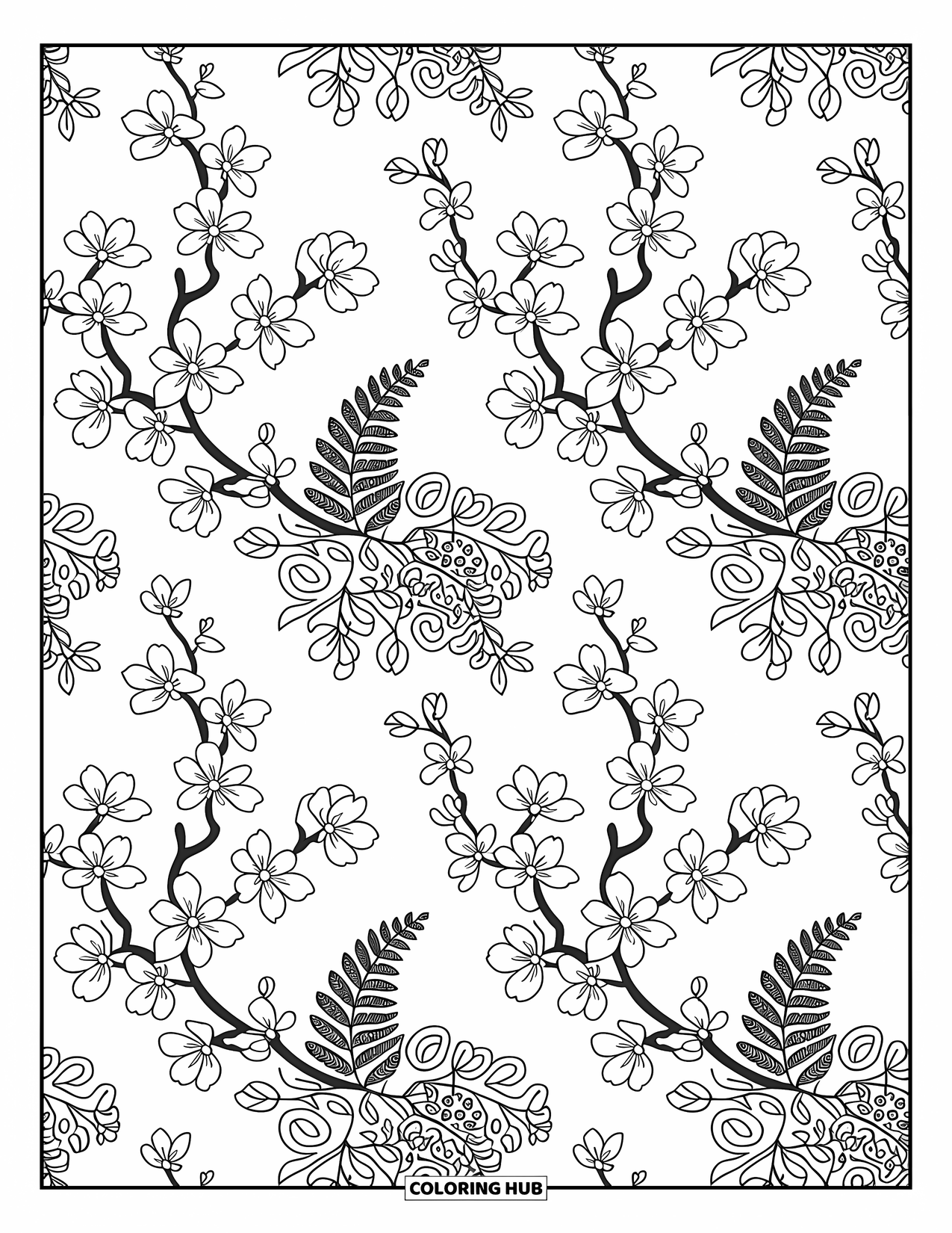 Lente Kleurplaat voor Volwassenen: Een kalmerende bloemenmandala met delicate kersenbloesems, varens en zachte, wervelende elementen
