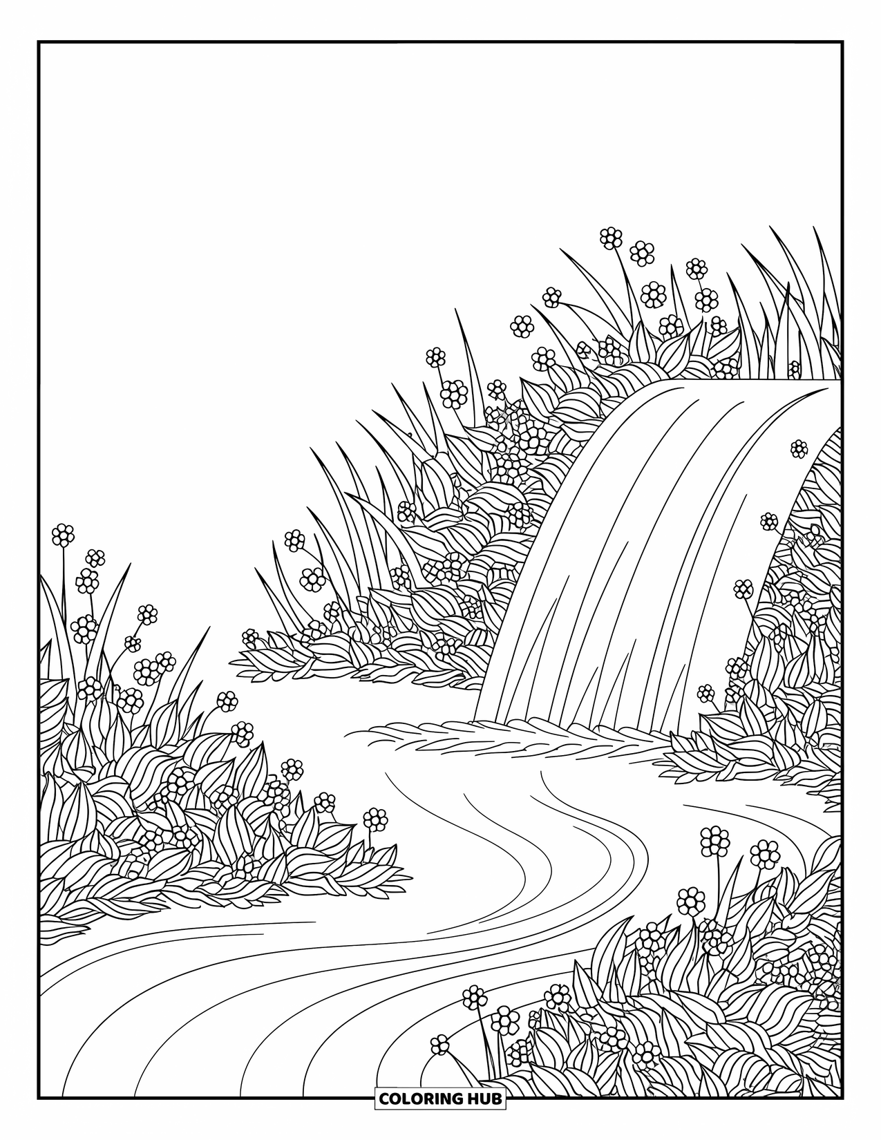 Lente Kleurplaat voor Volwassenen: Een waterval die in een vredige beek stroomt, omringd door hoog gras en wilde bloemen