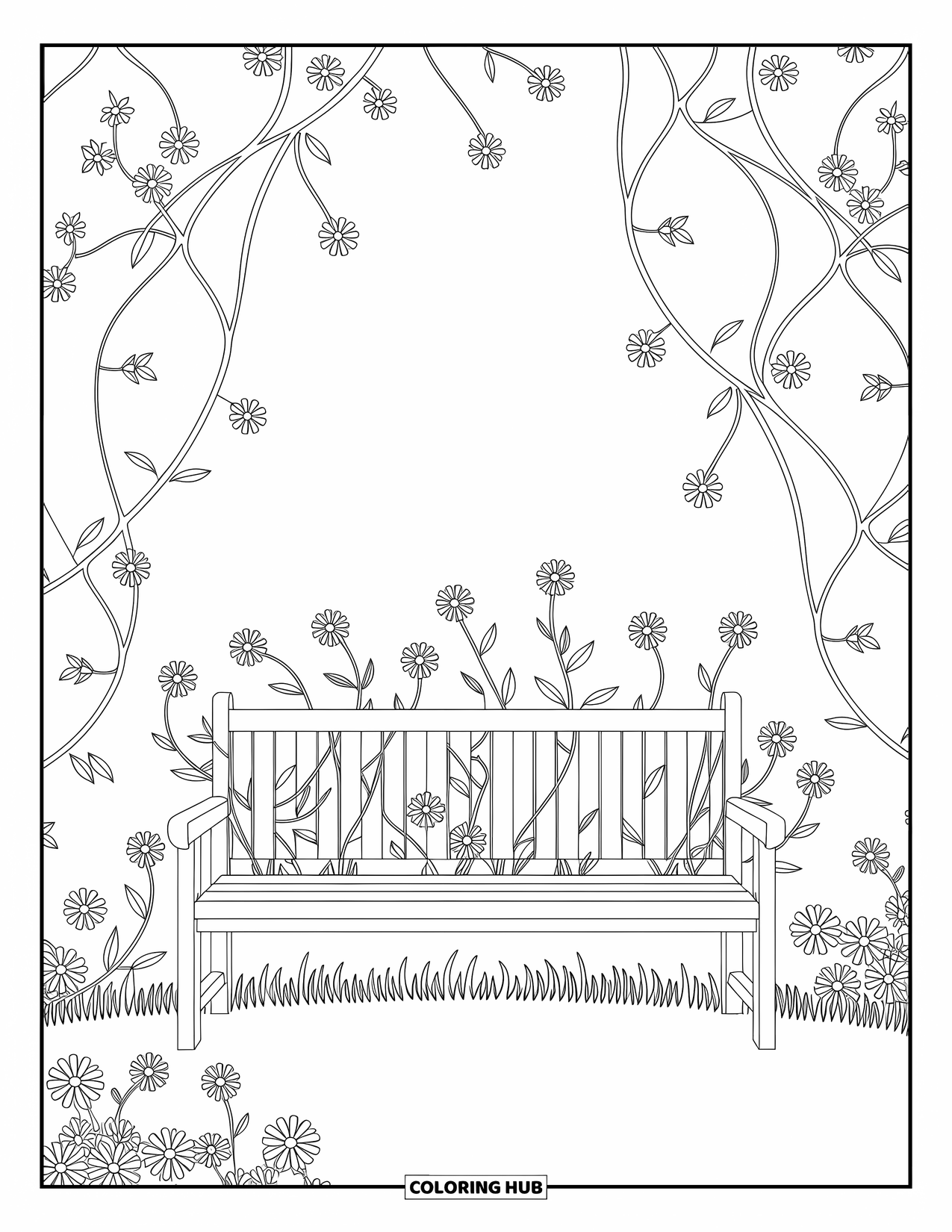 Lente Kleurplaat voor Volwassenen: Een charmant bankje in een rustig bos, omringd door kronkelende wijnranken en delicate bloemen