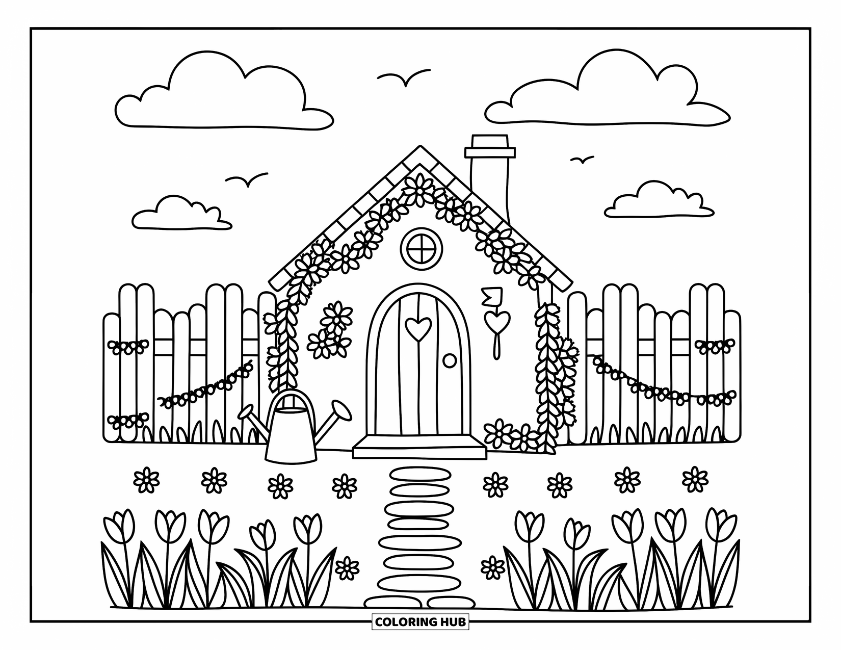 Lente Kleurplaat voor Volwassenen: Een charmant huis met een ronde deur, omringd door bloemen, een stenen pad en een kleine hartvormige brievenbus