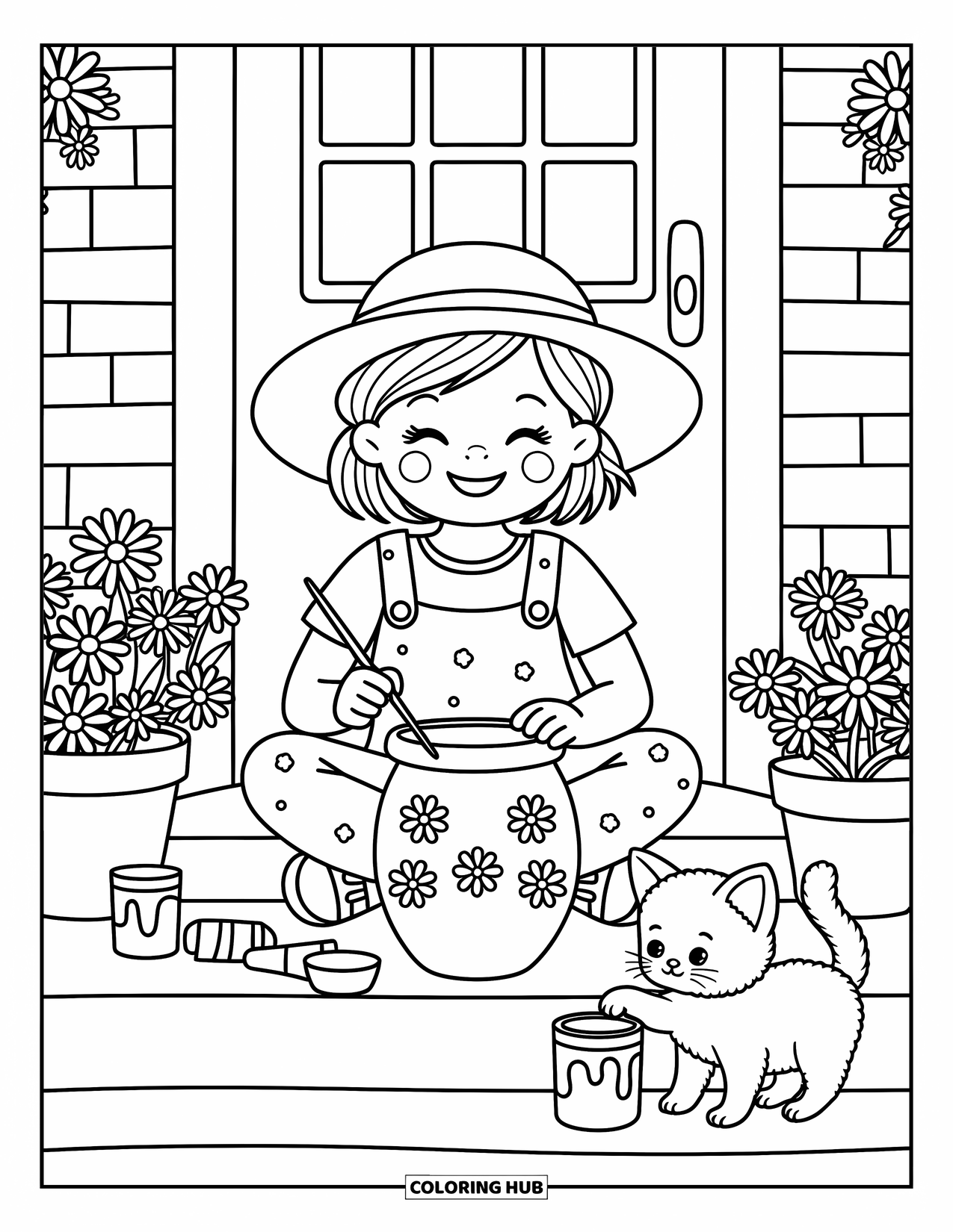 Lente Kleurplaat voor Volwassenen: Een vrolijk meisje schildert bloemen op een kleipot, terwijl een nieuwsgierig kitten zijn poot in de verf doopt