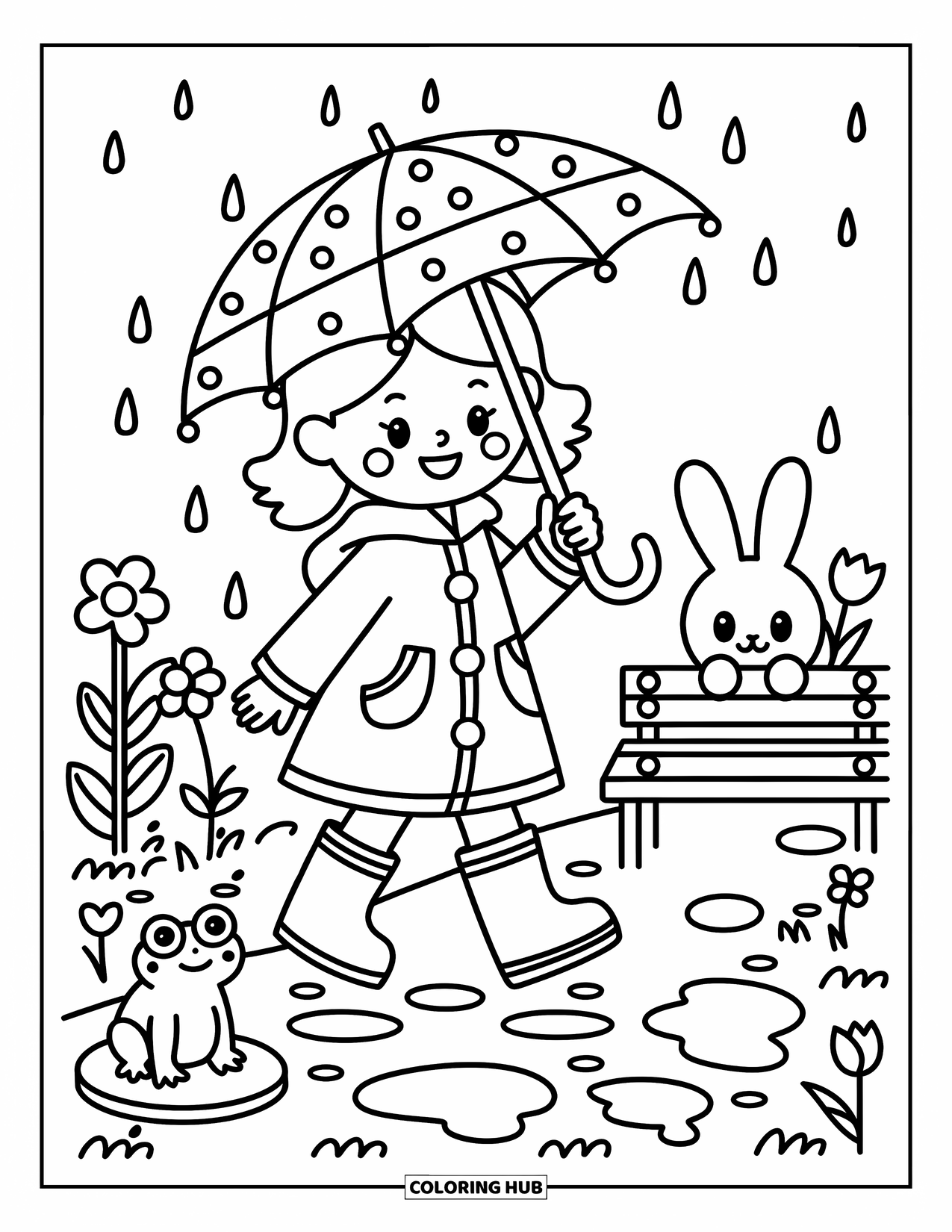 Lente Kleurplaat voor Volwassenen: Een vrolijk meisje draait haar paraplu in de regen, met een kikker op een waterlelie die naar haar kijkt