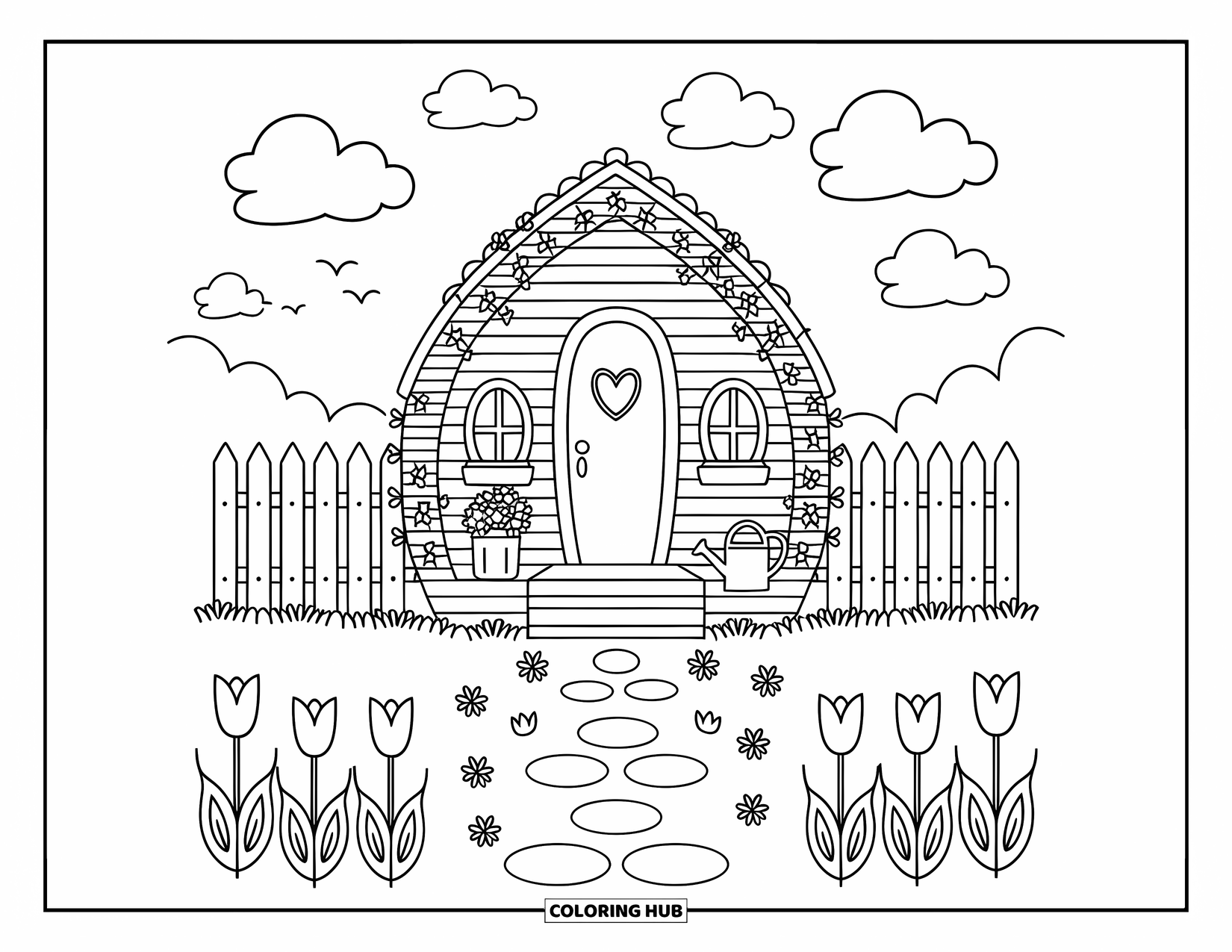 Lente Kleurplaat voor Volwassenen: Een huisje met een ronde deur, bloeiende bloemen en een hartvormige brievenbus voelt warm en uitnodigend