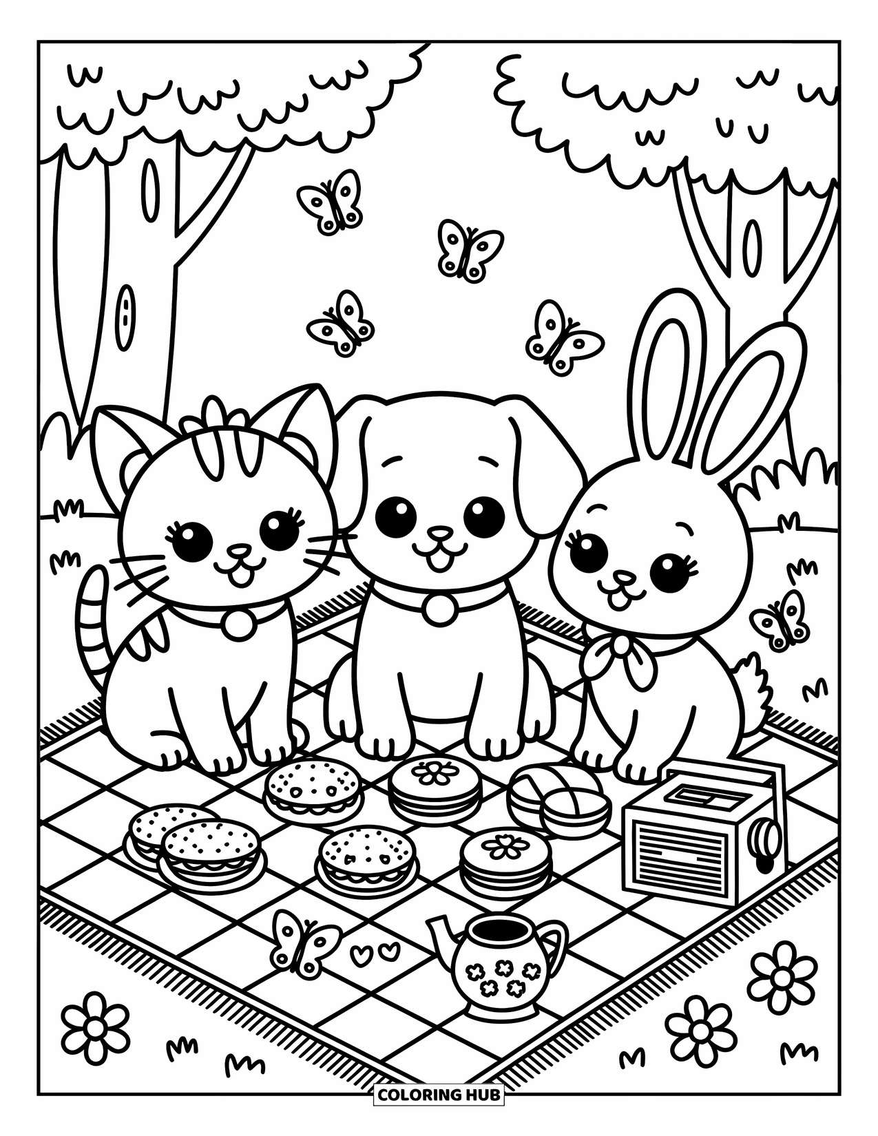 Lente Kleurplaat voor Volwassenen: Een gezellig konijntje zit onder een bloeiende kersenboom te lezen terwijl bloemblaadjes zachtjes vallen