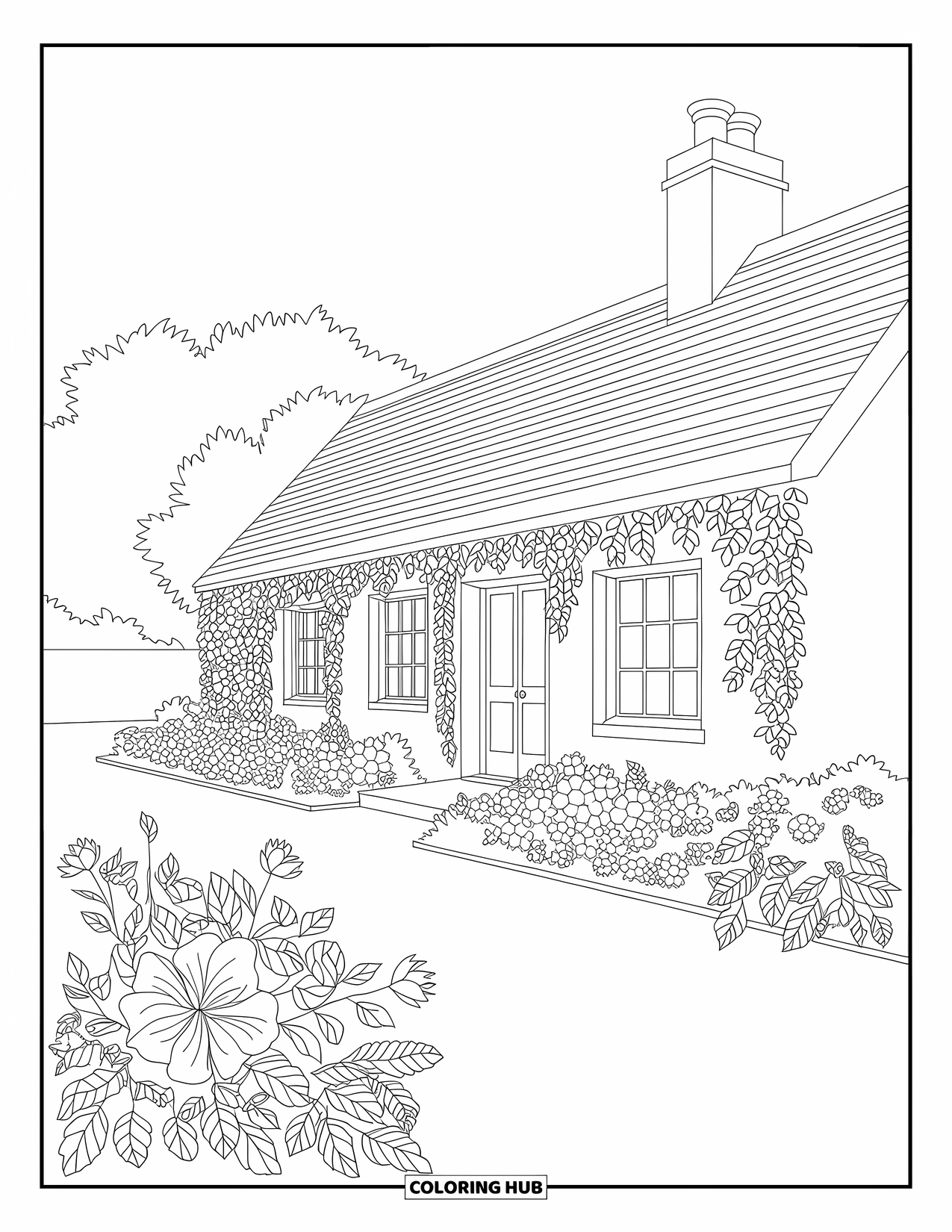 Lente Kleurplaat voor Volwassenen: Een gezellig huisje genesteld tussen weelderige klimop en kleurrijke tuinbloemen