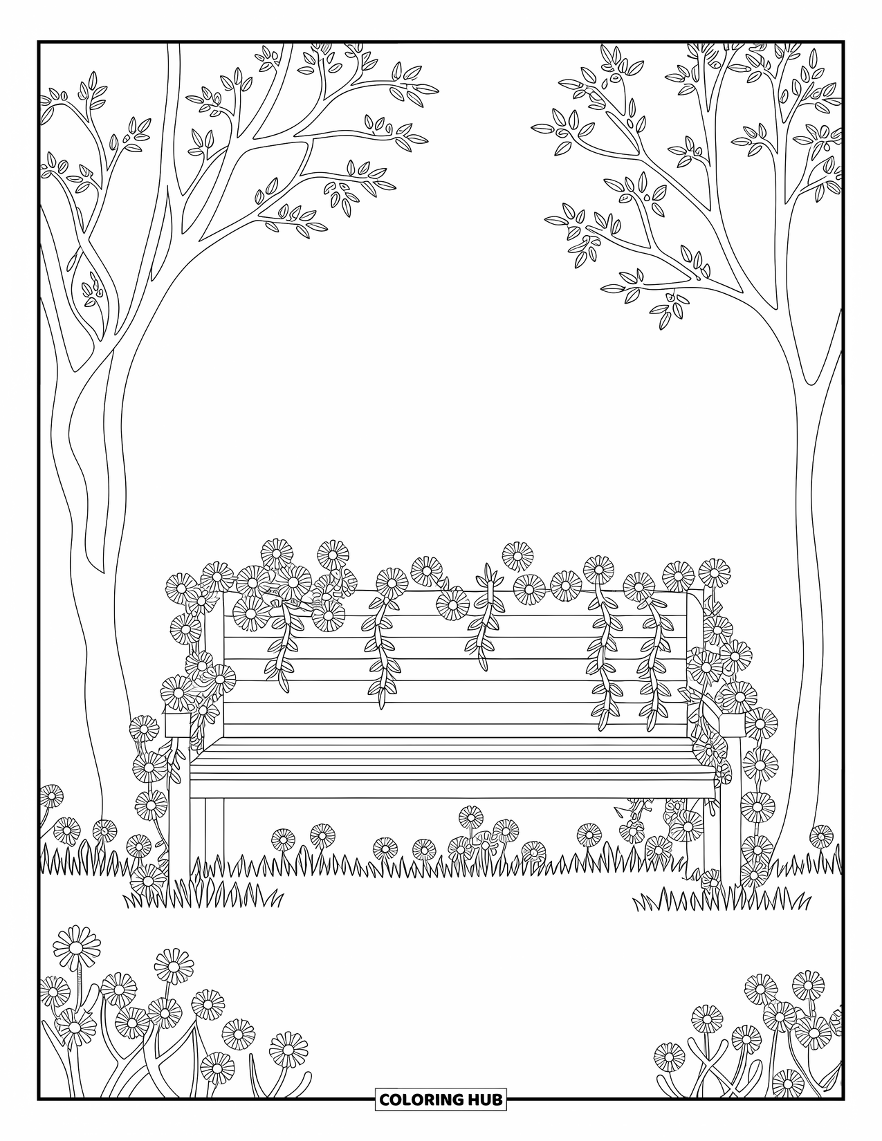 Lente Kleurplaat voor Volwassenen: Een gezellige open plek in het bos met een houten bank bedekt met delicate wijnranken en bloeiende madeliefjes