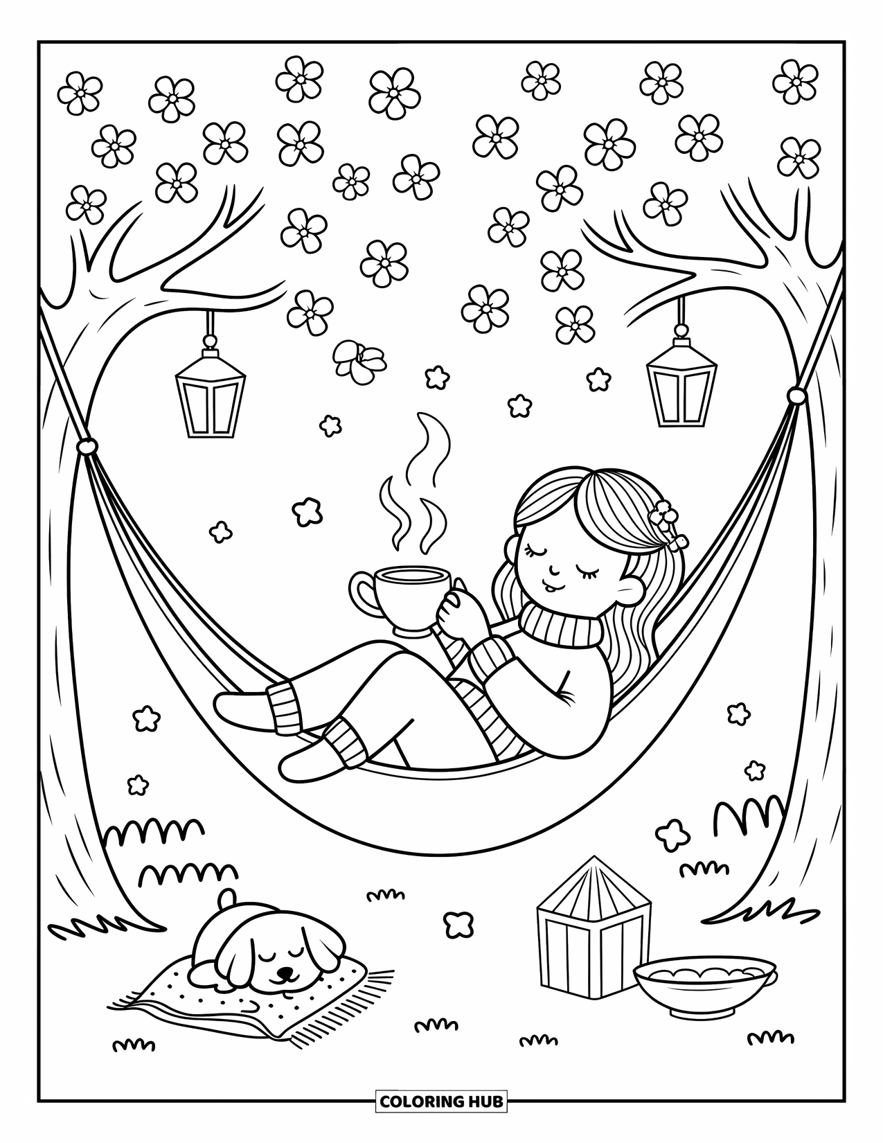 Lente Kleurplaat voor Volwassenen: Een gezellig meisje drinkt thee in een schommelende hangmat, kleine lantaarns erboven en een slaperige puppy naast haar