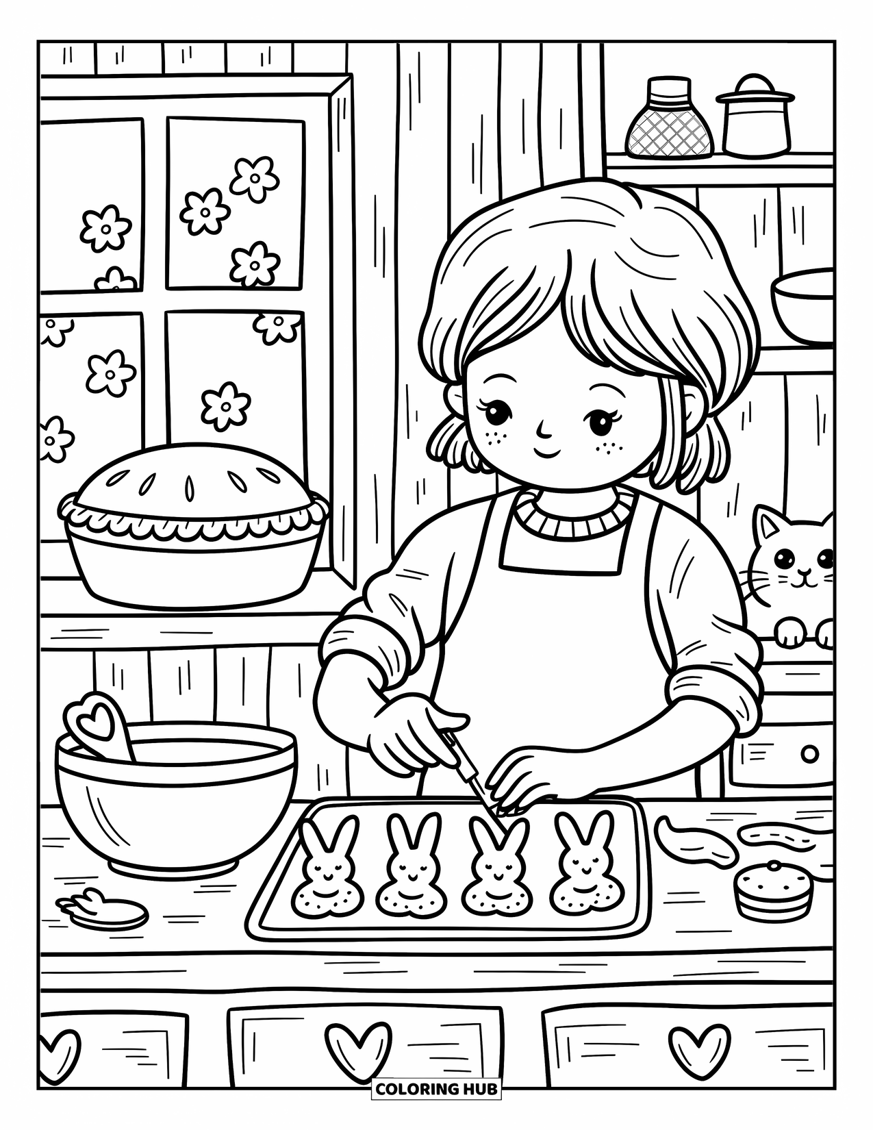 Lente Kleurplaat voor Volwassenen: Een gezellige keukenscène waarin een meisje koekjes versiert, een kitten komt piepen en een warme taart afkoelt