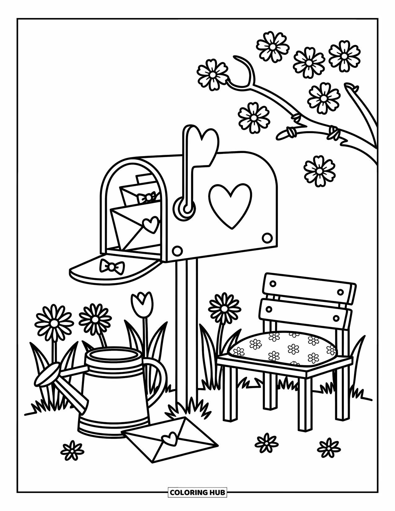 Lente Kleurplaat voor Volwassenen: Een gezellige brievenbus met met harten verzegelde brieven rust in een veld met bloeiende tulpen