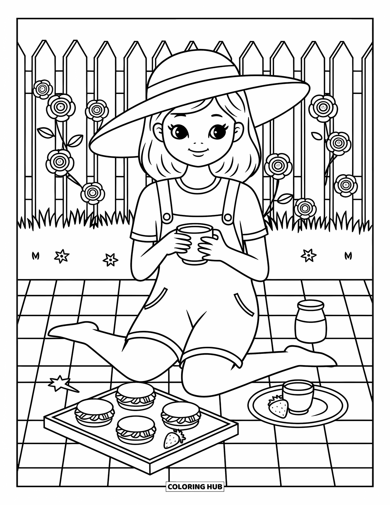 Lente Kleurplaat voor Volwassenen: Een gezellige picknickscène met thee, kleine lekkernijen en bloeiende rozen achter een meisje met een zonnehoed