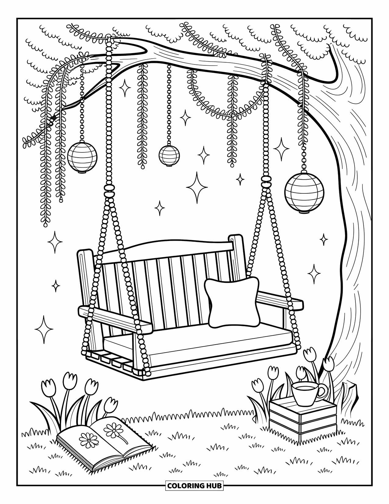 Lente Kleurplaat voor Volwassenen: Een gezellige schommel met een boek en theekopje rust onder twinkelende lichtjes, omringd door tulpen en paddenstoelen