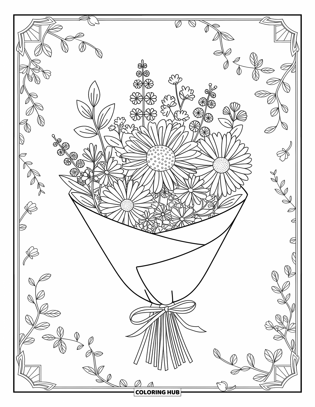 Lente Kleurplaat voor Volwassenen: Een delicaat boeket lentebloemen verpakt in papier, met elegante ranken en wervelende bladeren