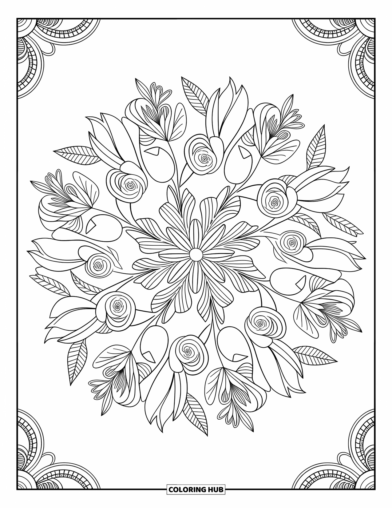 Lente Kleurplaat voor Volwassenen: Een delicate bloemenmandala met rozen, tulpen en narcissen, omringd door ingewikkelde patronen