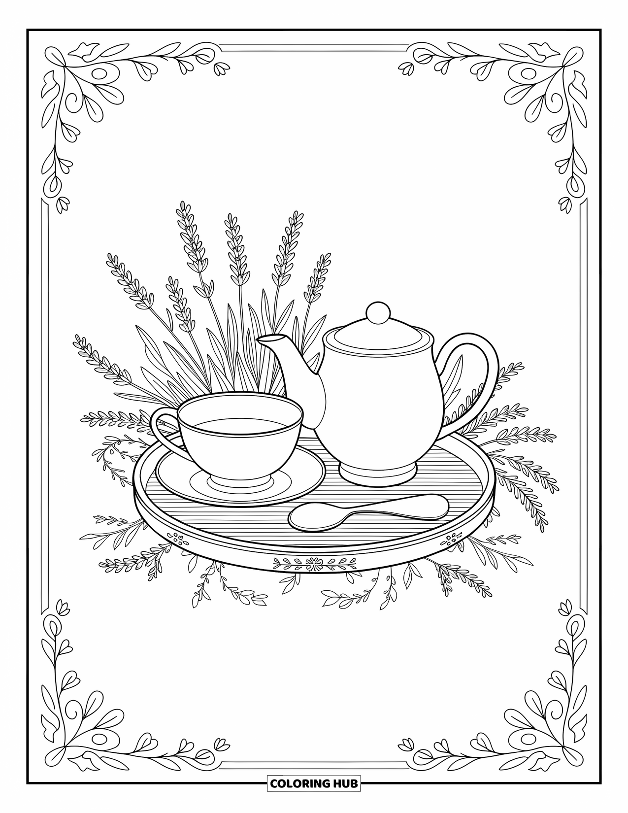 Lente Kleurplaat voor Volwassenen: Een delicate theeset op een dienblad, prachtig gerangschikt met takjes lavendel en kruiden