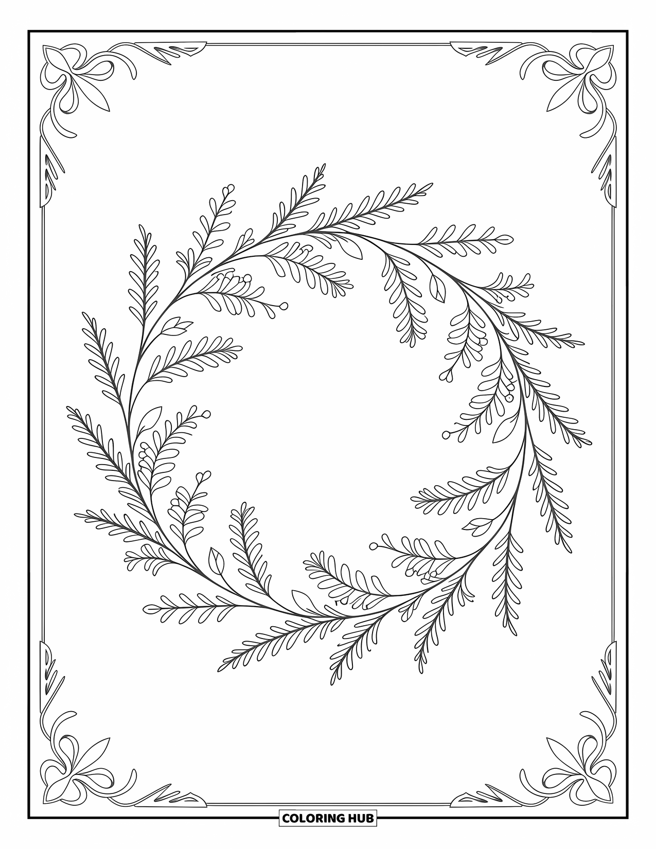 Lente Kleurplaat voor Volwassenen: Een delicate krans van wilde bloemen met twee kleine vogels die vredig op de takken rusten