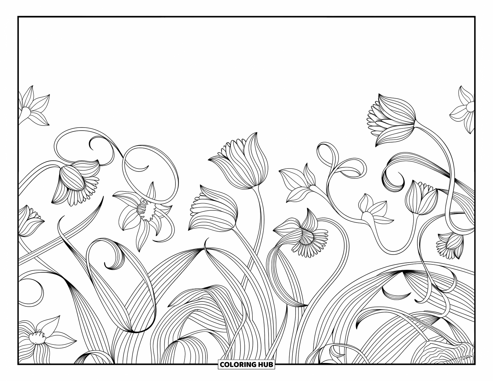 Lente Kleurplaat voor Volwassenen: Een gedetailleerd bloemstuk van tulpen, narcissen en bladeren die in een elegant ontwerp zijn verweven