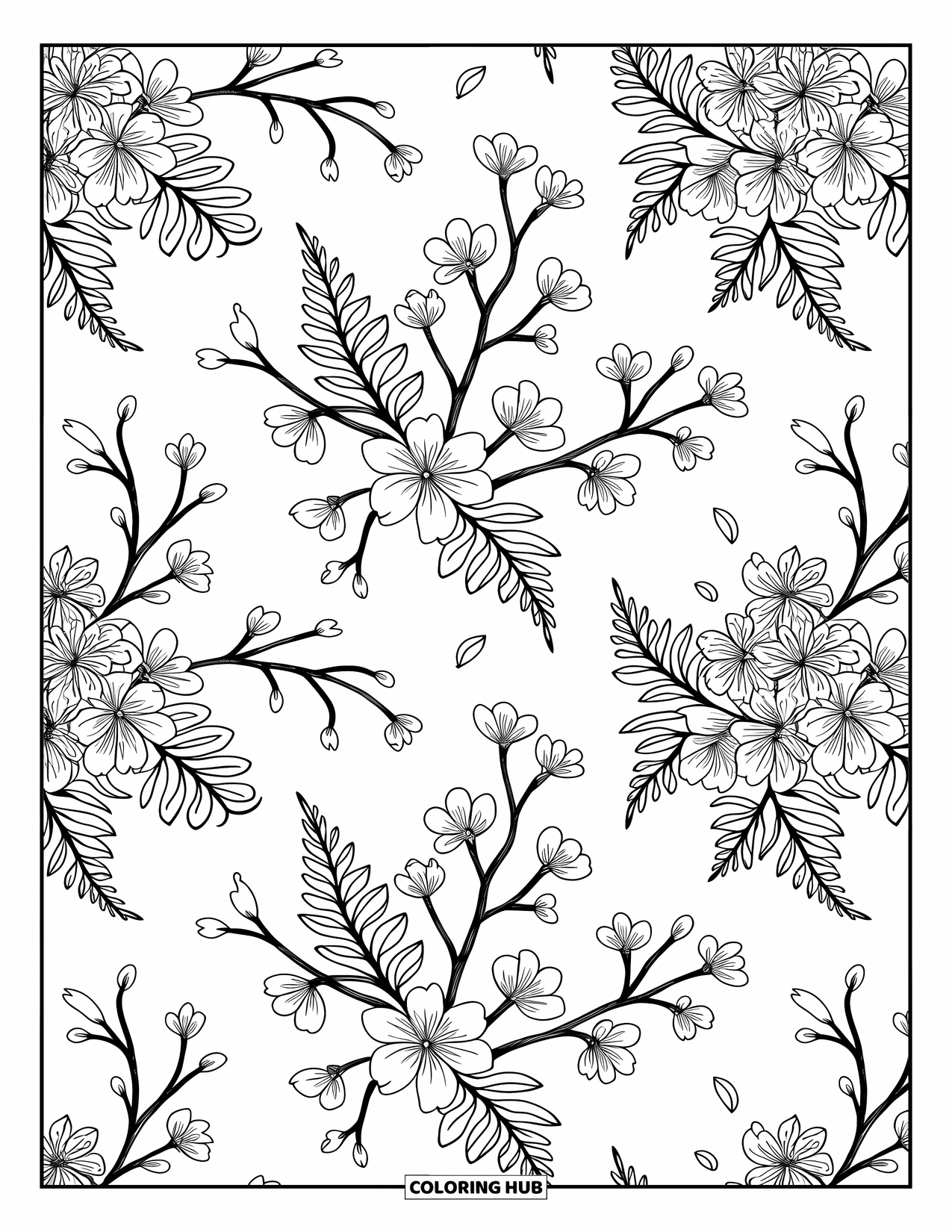 Lente Kleurplaat voor Volwassenen: Een gedetailleerd mandala-ontwerp met kersenbloesems, varens en sierlijk wervelende bloemelementen