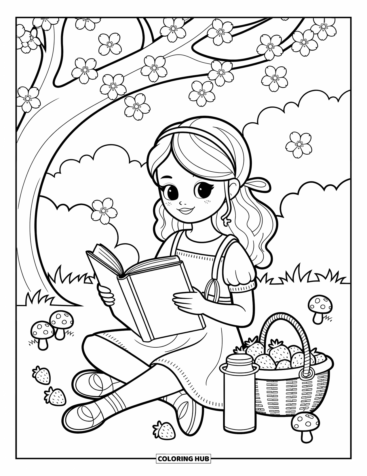 Lente Kleurplaat voor Volwassenen: Een dromerige lentescène van een meisje dat leest onder kersenbloesems, met kleine grillige krabbels om haar heen