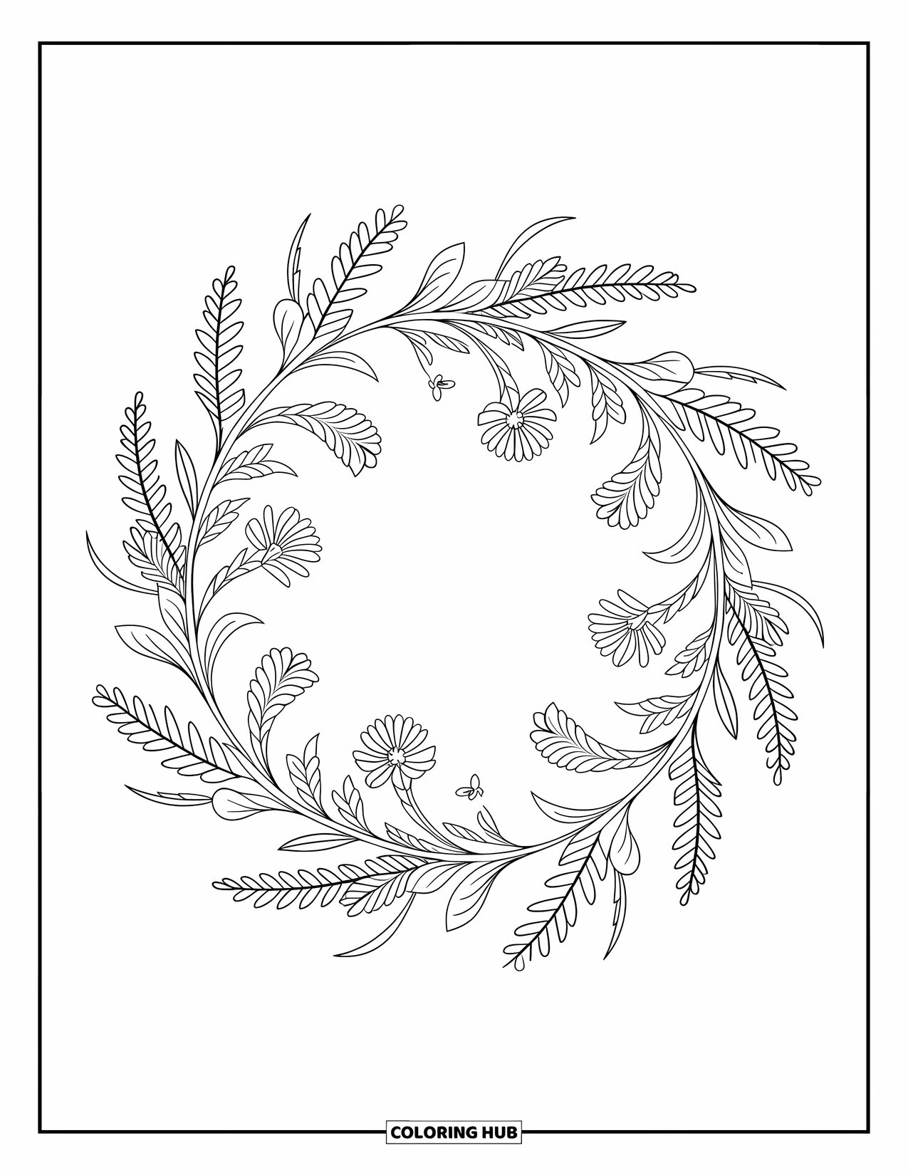 Lente Kleurplaat voor Volwassenen: Een bloemenkrans met twee kleine vogels die tussen de gedetailleerde bladeren en wilde bloemen zitten