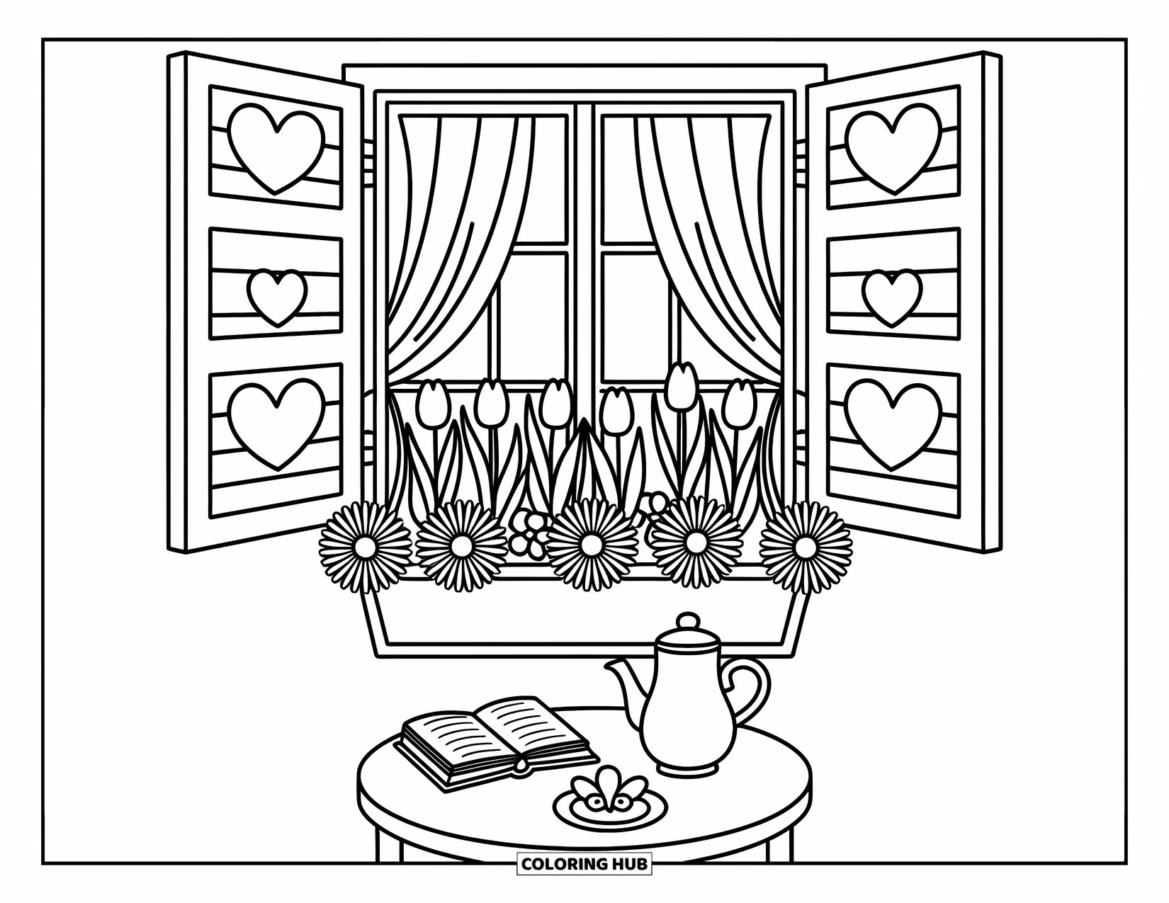 Lente Kleurplaat voor Volwassenen: Een met bloemen versierd raam met een theeservies en vlindervormige koekjes op een schilderachtig tafeltje