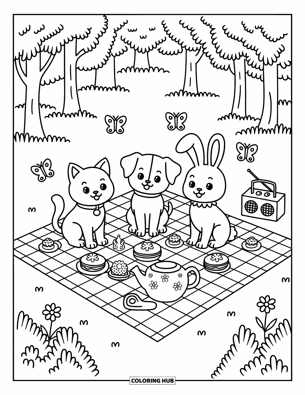 Lente Kleurplaat voor Volwassenen: Een wollig konijntje leest op een bankje onder een kersenbloesemboom, vogels kijken toe in de buurt