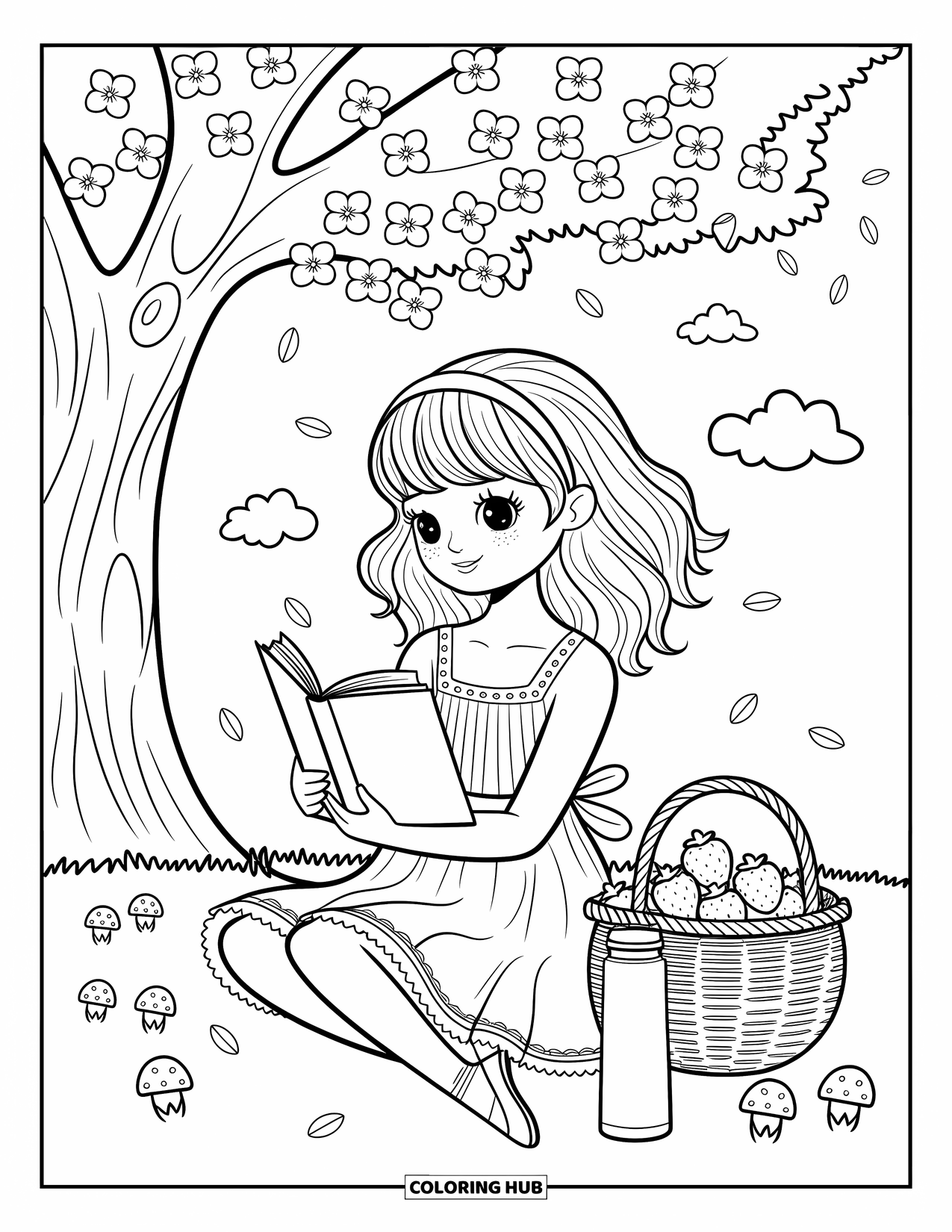 Lente Kleurplaat voor Volwassenen: Een zacht briesje voert kersenbloesems mee terwijl een meisje geniet van een boek met aardbeien en thee
