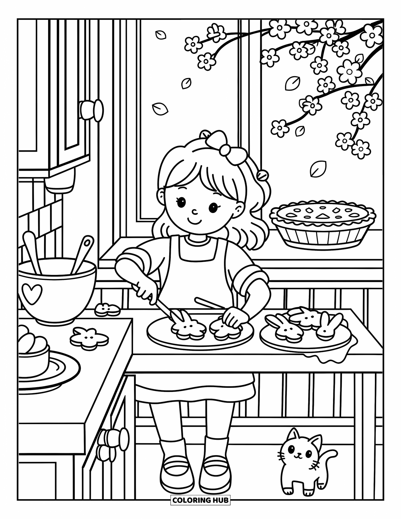 Lente Kleurplaat voor Volwassenen: Een meisje versiert koekjes in de vorm van een konijntje in een rustieke keuken, terwijl een kitten toekijkt en een taart in de buurt afkoelt