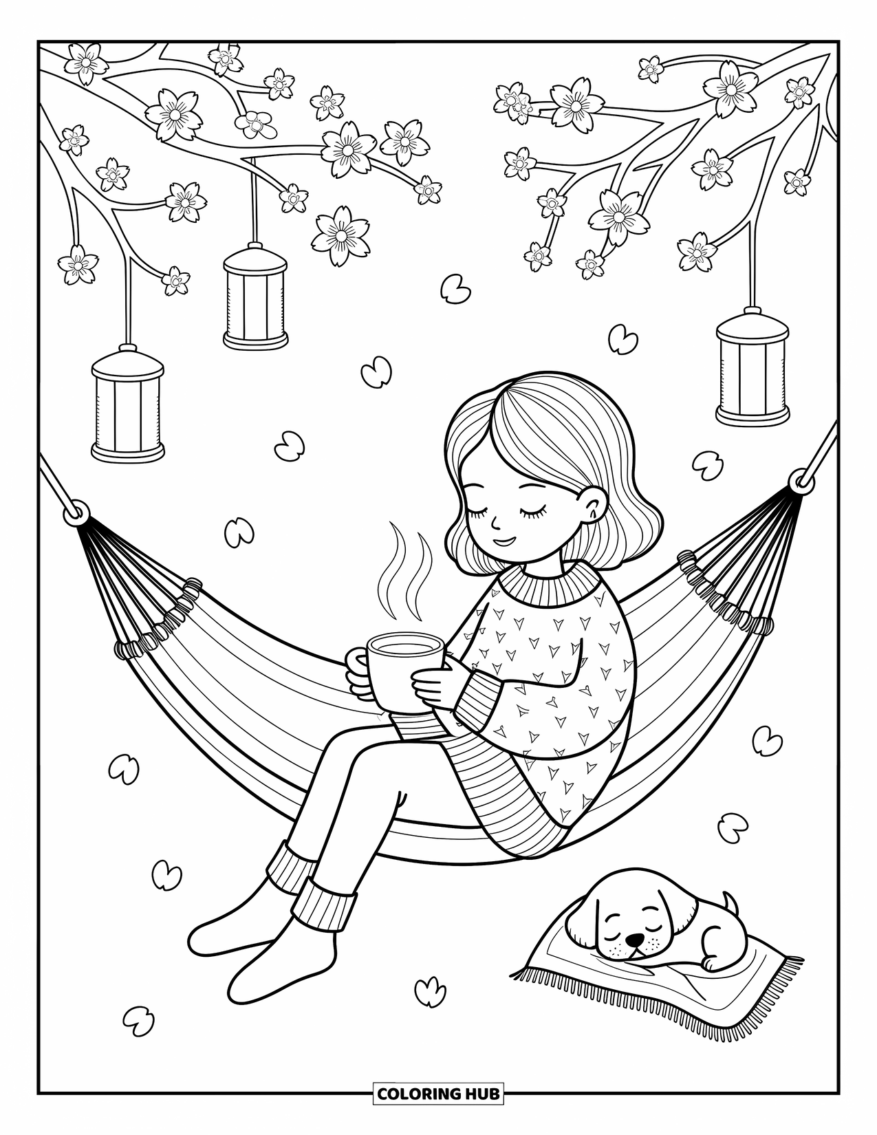 Lente Kleurplaat voor Volwassenen: Een meisje in een gezellige trui drinkt thee in een hangmat, kersenbloesems drijven terwijl lantaarns erboven gloeien