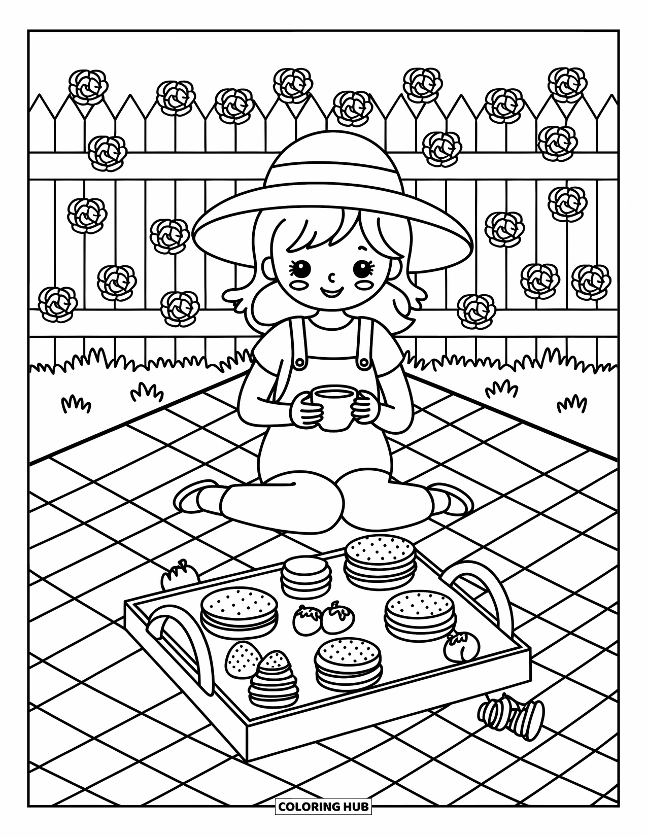 Lente Kleurplaat voor Volwassenen: Een meisje in een tuinbroek geniet van een picknick met thee, kleine sandwiches en aardbeientaartjes onder een met rozen begroeid hek
