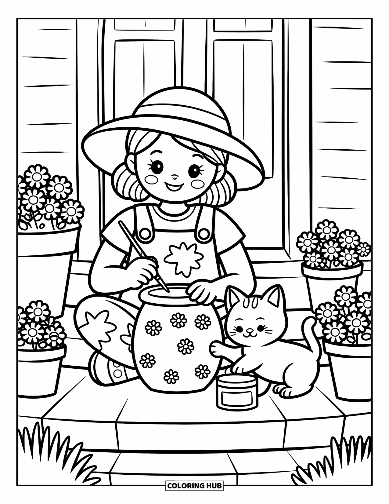 Lente Kleurplaat voor Volwassenen: Een meisje in een tuinbroek schildert bloemmotieven op een kleipot, met een speels kitten naast haar